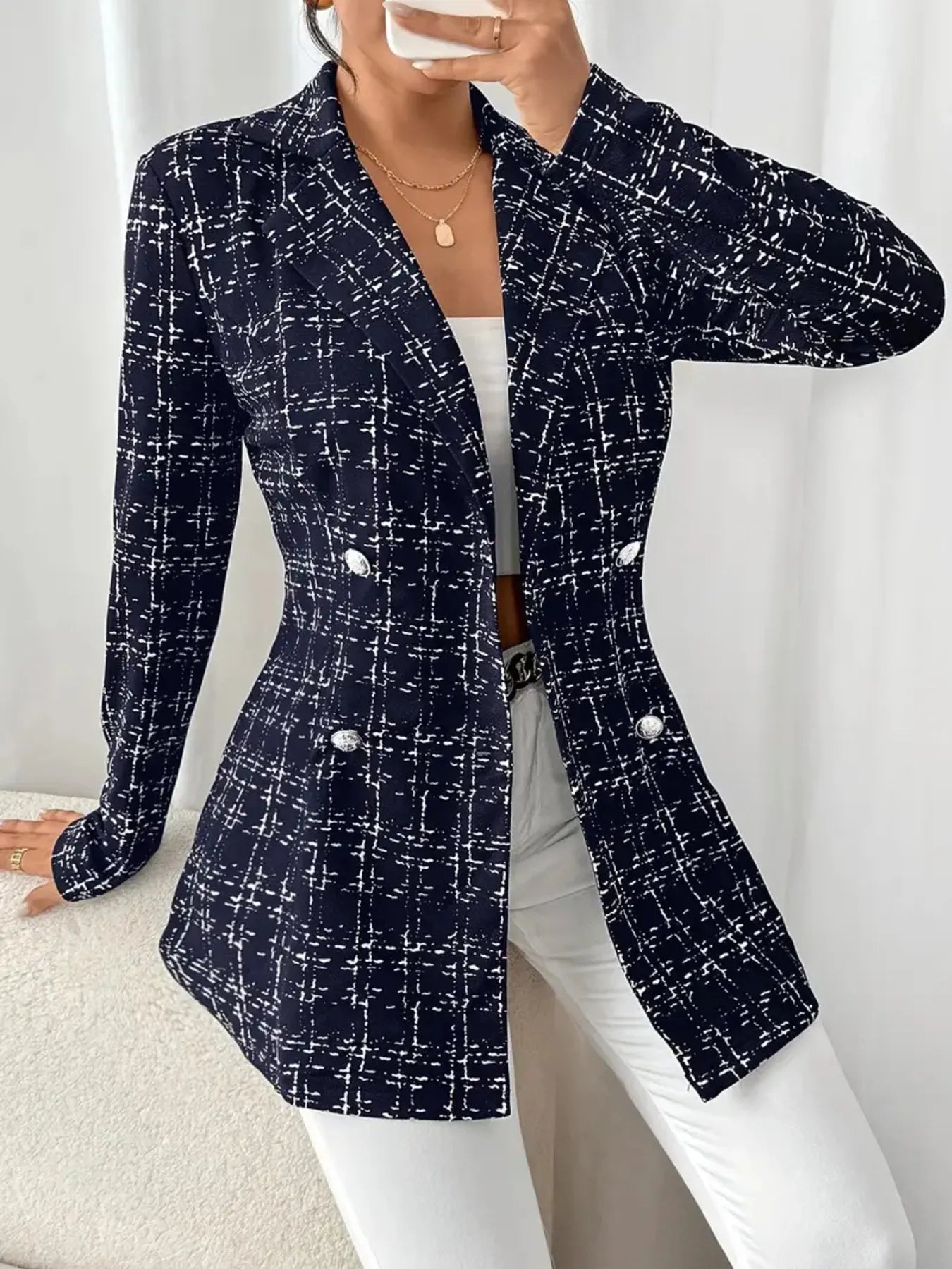 Model wearing Tweed Double-Breasted Blazer