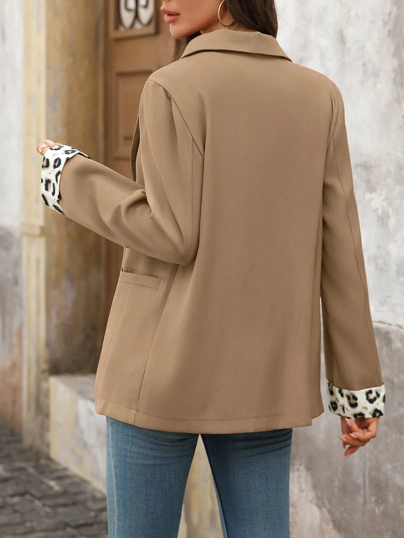 Back view of Lapel Collar Leopard Cuff Long Sleeve Blazer