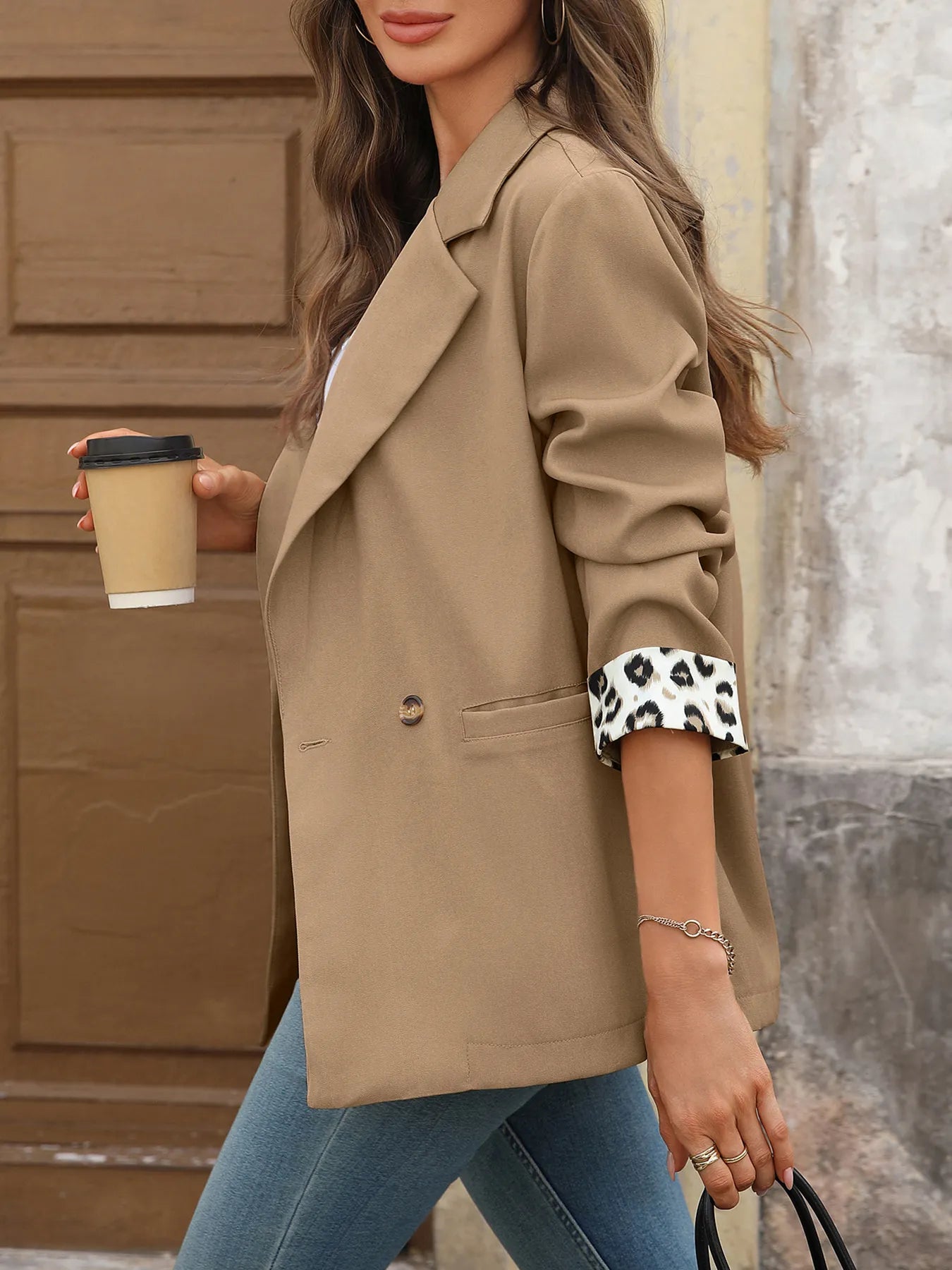 Styled outfit featuring Lapel Collar Leopard Cuff Long Sleeve Blazer