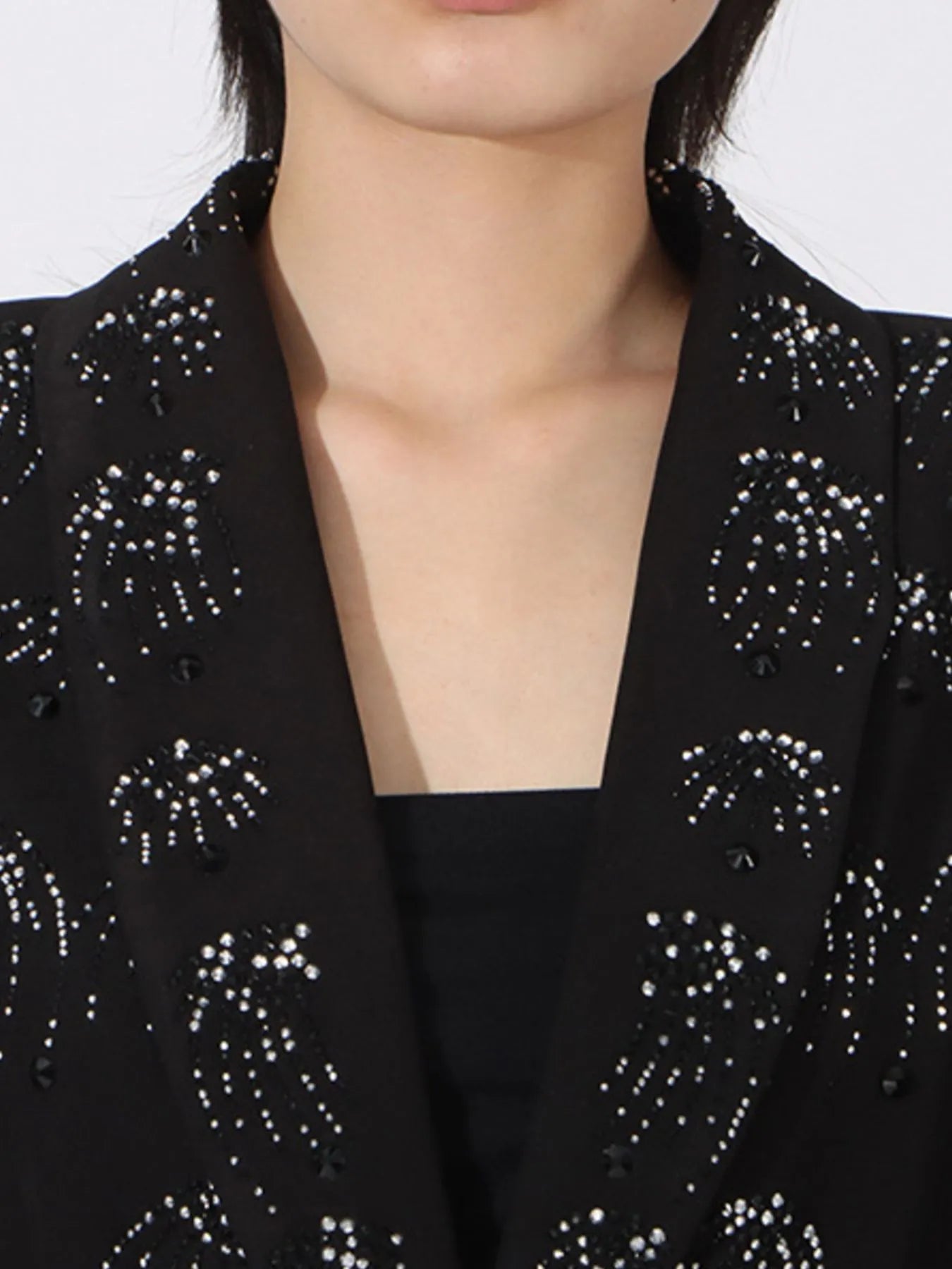 Front view of rhinestone button down long sleeve blazer