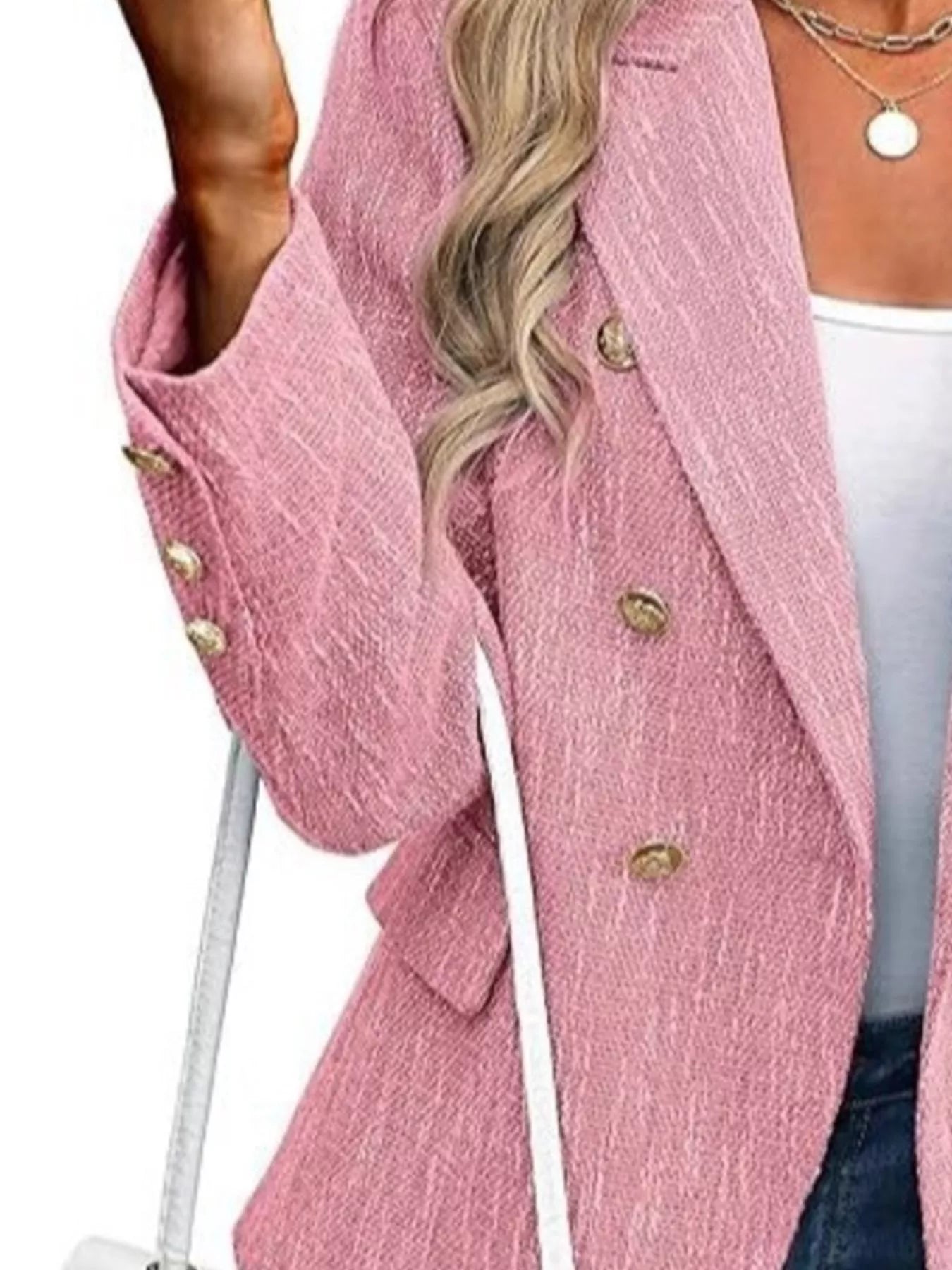 Front view of double-breasted lapel collar blazer