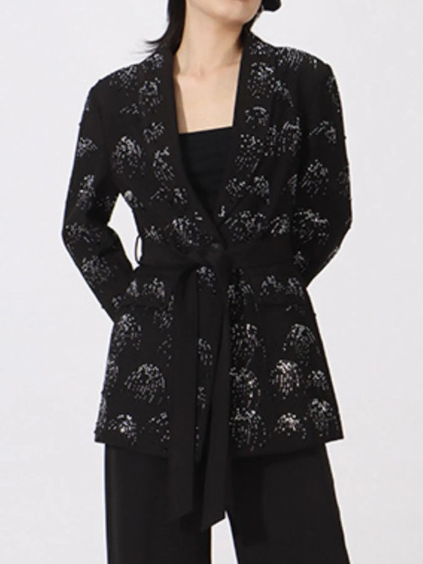 Front view of rhinestone button down long sleeve blazer