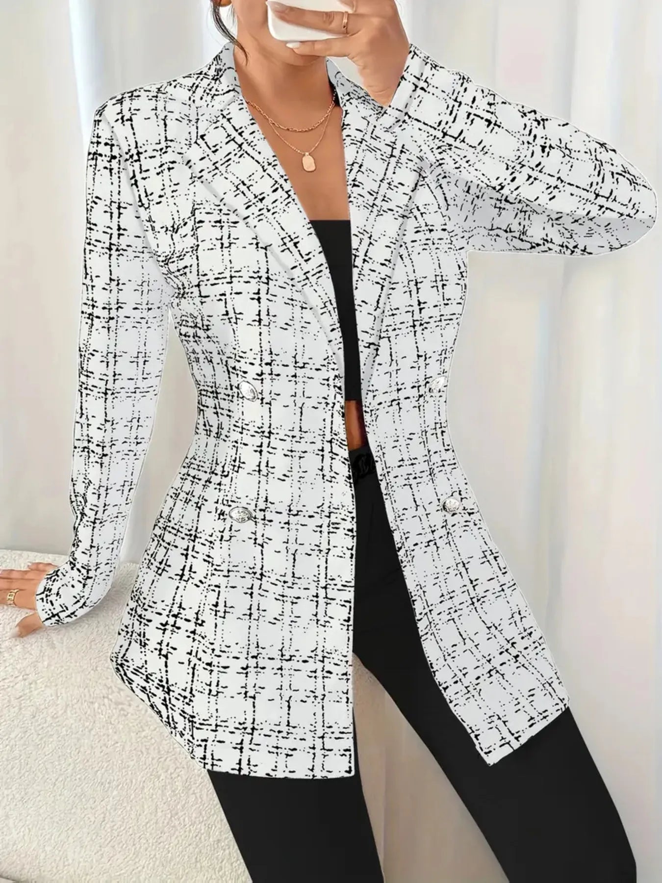Model wearing Tweed Double-Breasted Blazer