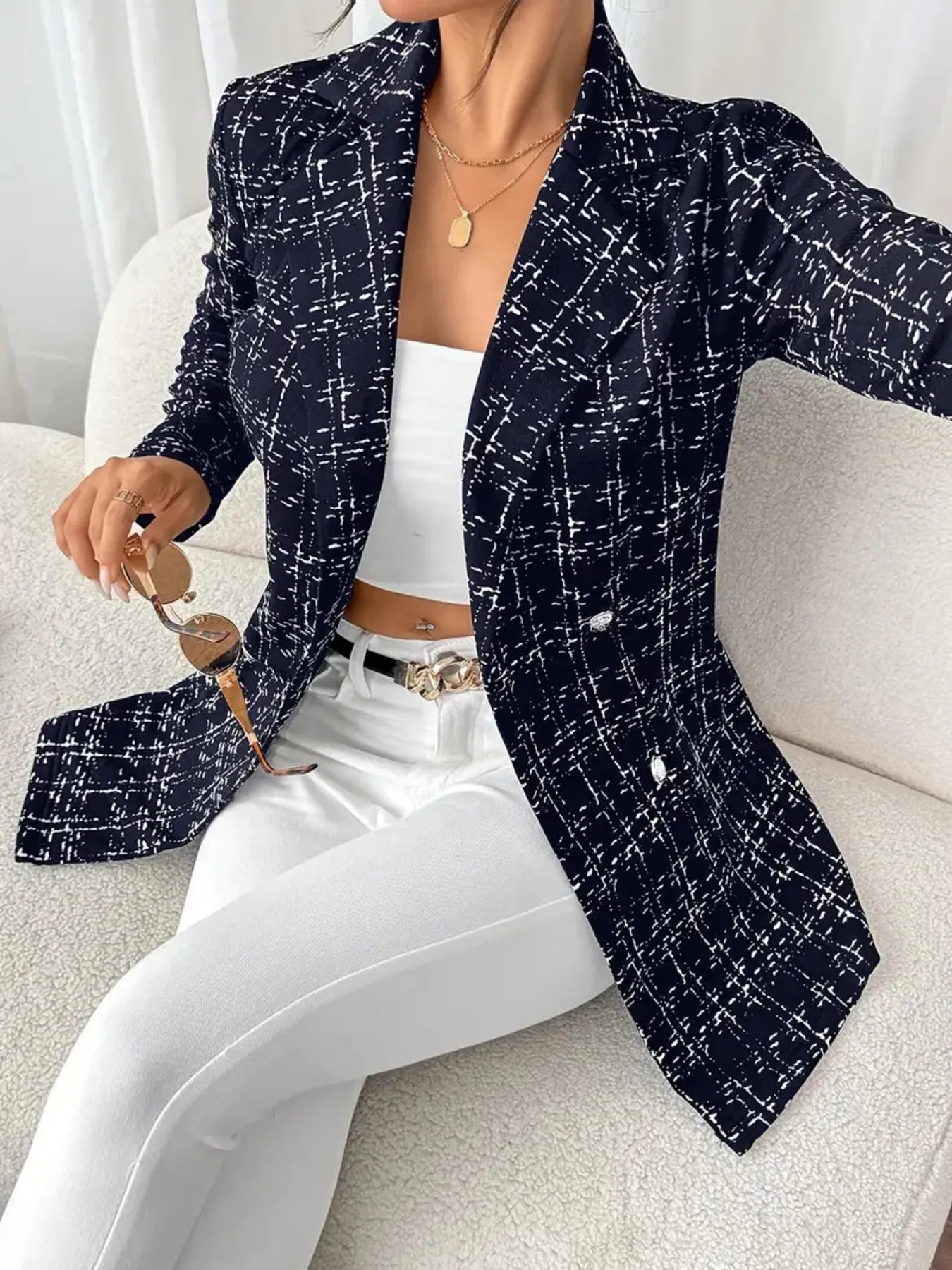 Model wearing Tweed Double-Breasted Blazer