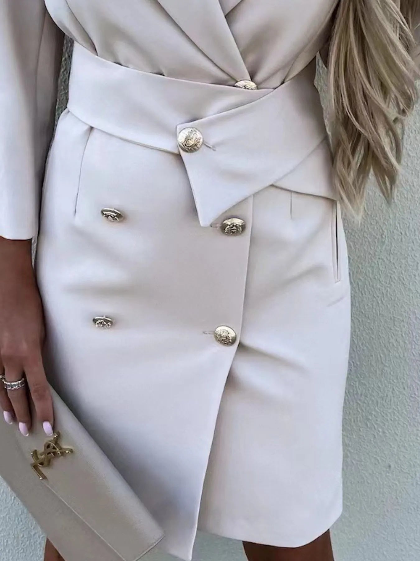 Close-up of a chic beige Double-Breasted Lapel Collar Longline Blazer with stylish buttons and a tailored silhouette.