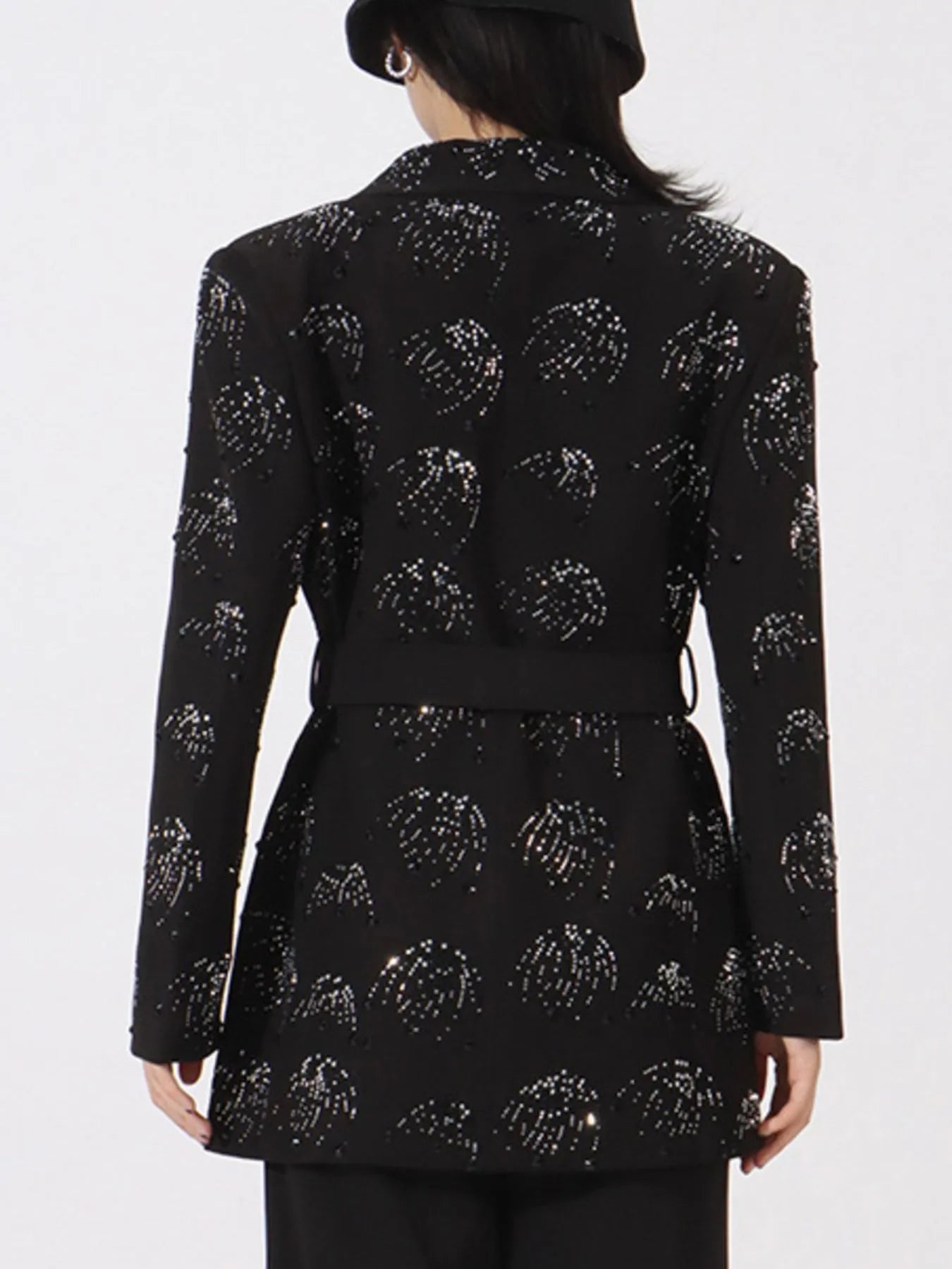 Model wearing rhinestone button down long sleeve blazer