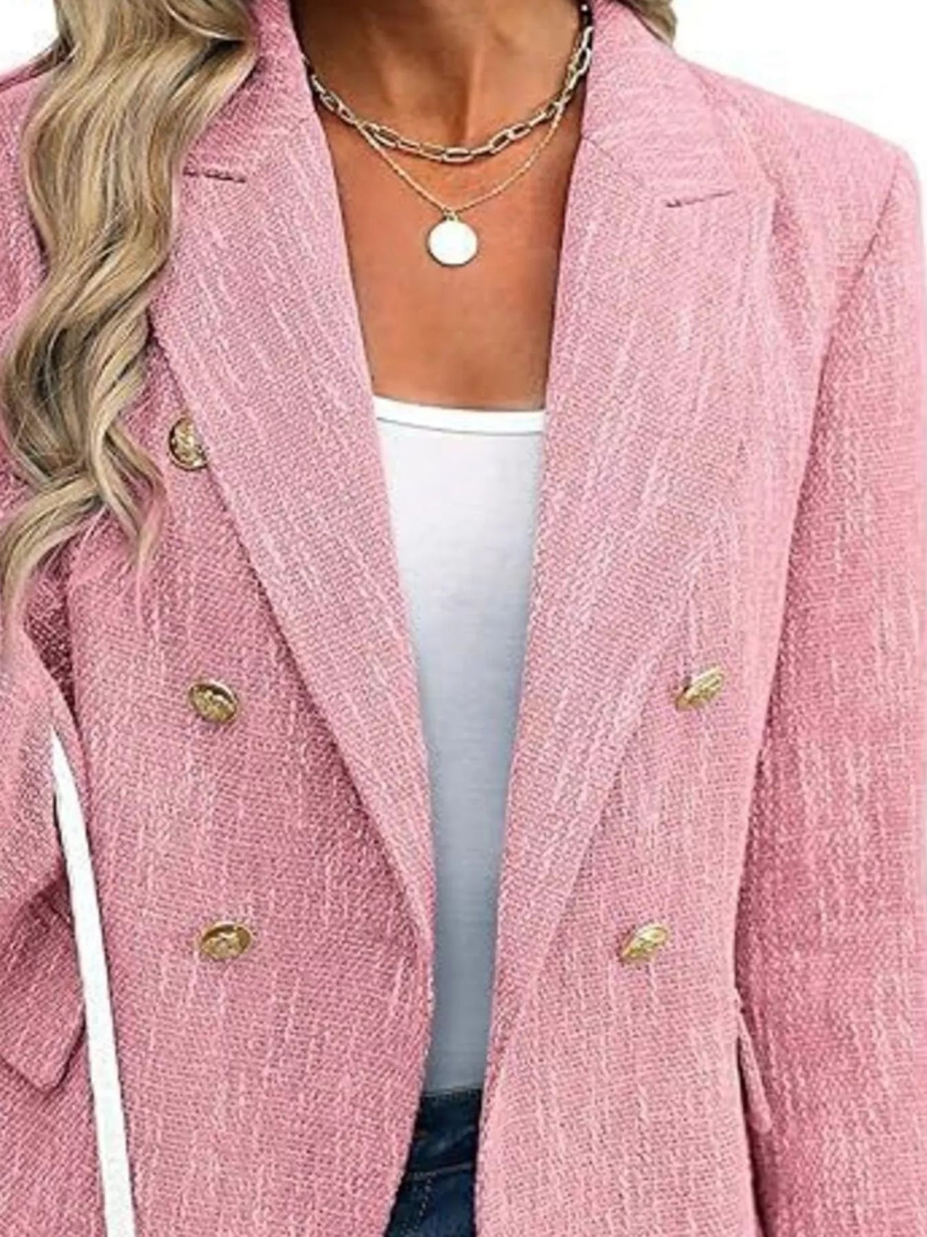 Front view of double-breasted lapel collar blazer