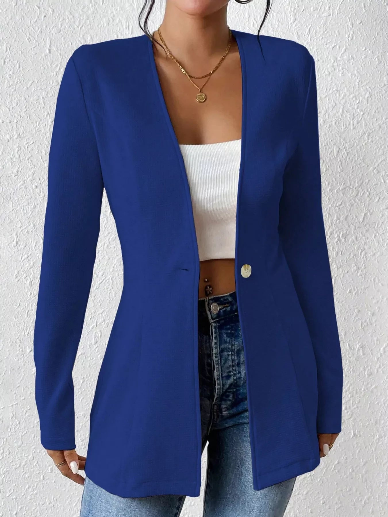 One Button Long Sleeve Blazer Front View
