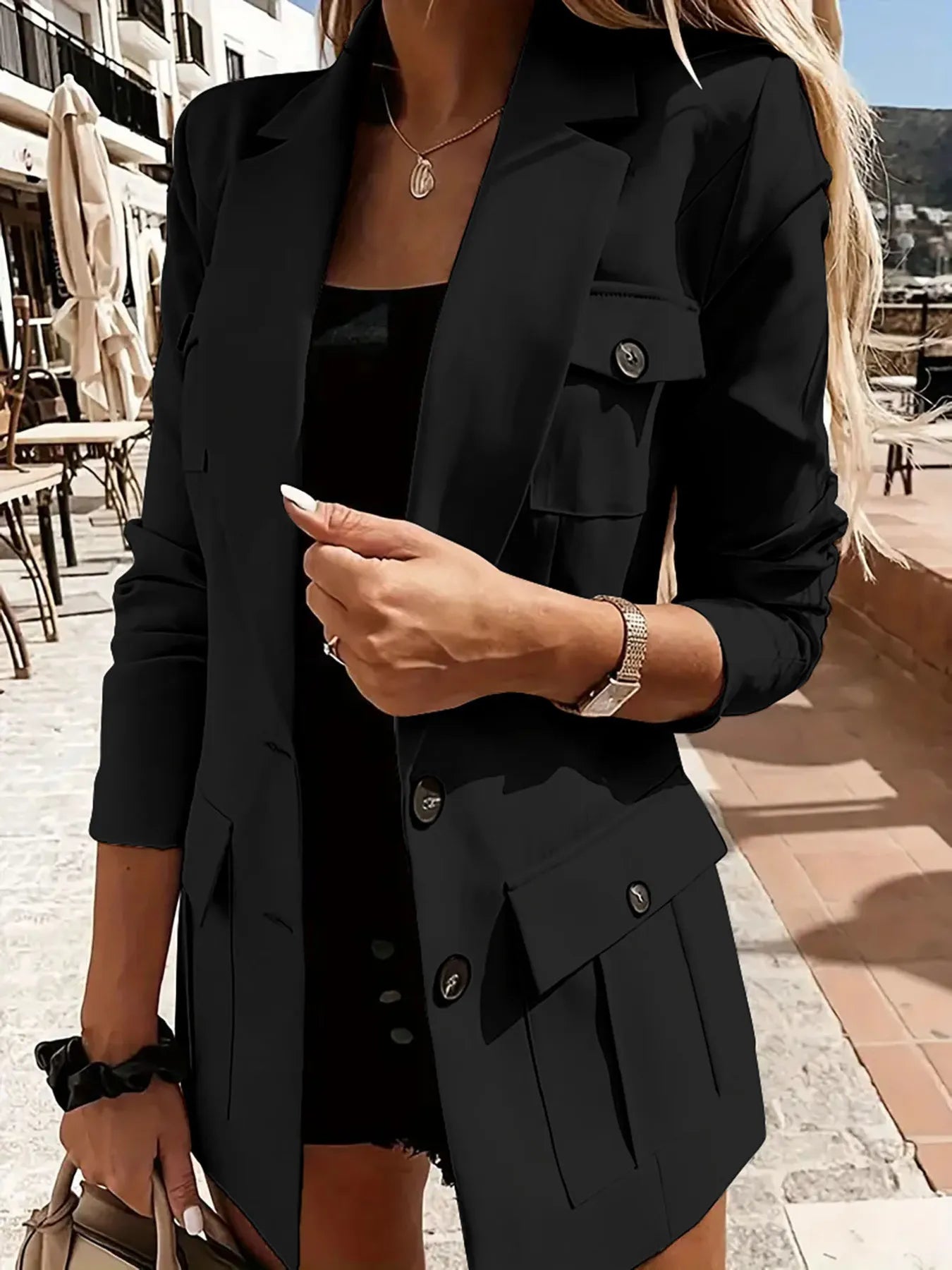 Front view of Lapel Collar Long Sleeve Blazer