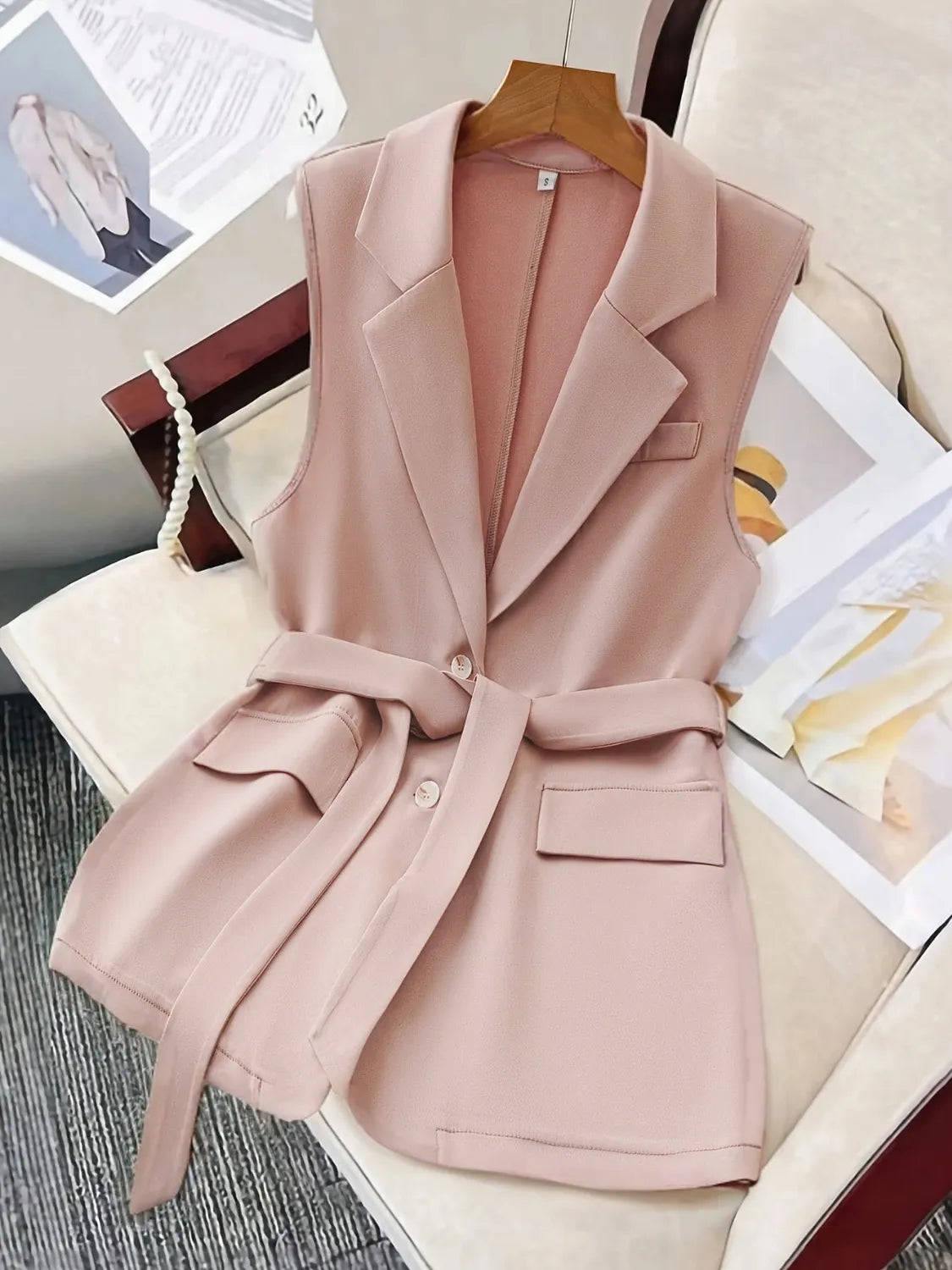 Front view of Tie Waist Lapel Collar Sleeveless Blazer