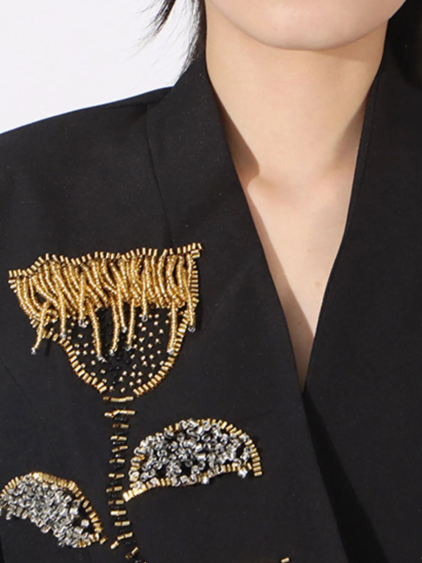 Front view of Flower Button Front Long Sleeve Blazer