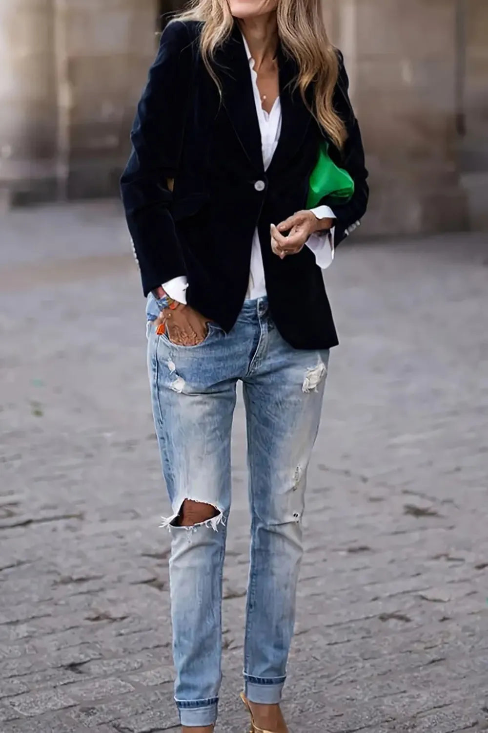 Model wearing One Button Lapel Collar Long Sleeve Blazer