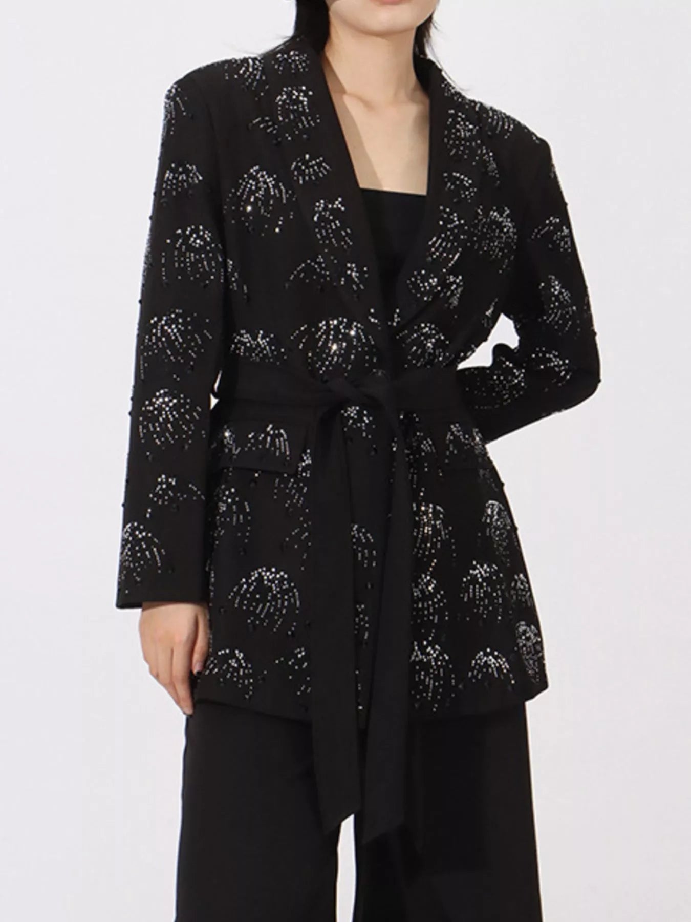 Front view of rhinestone button down long sleeve blazer