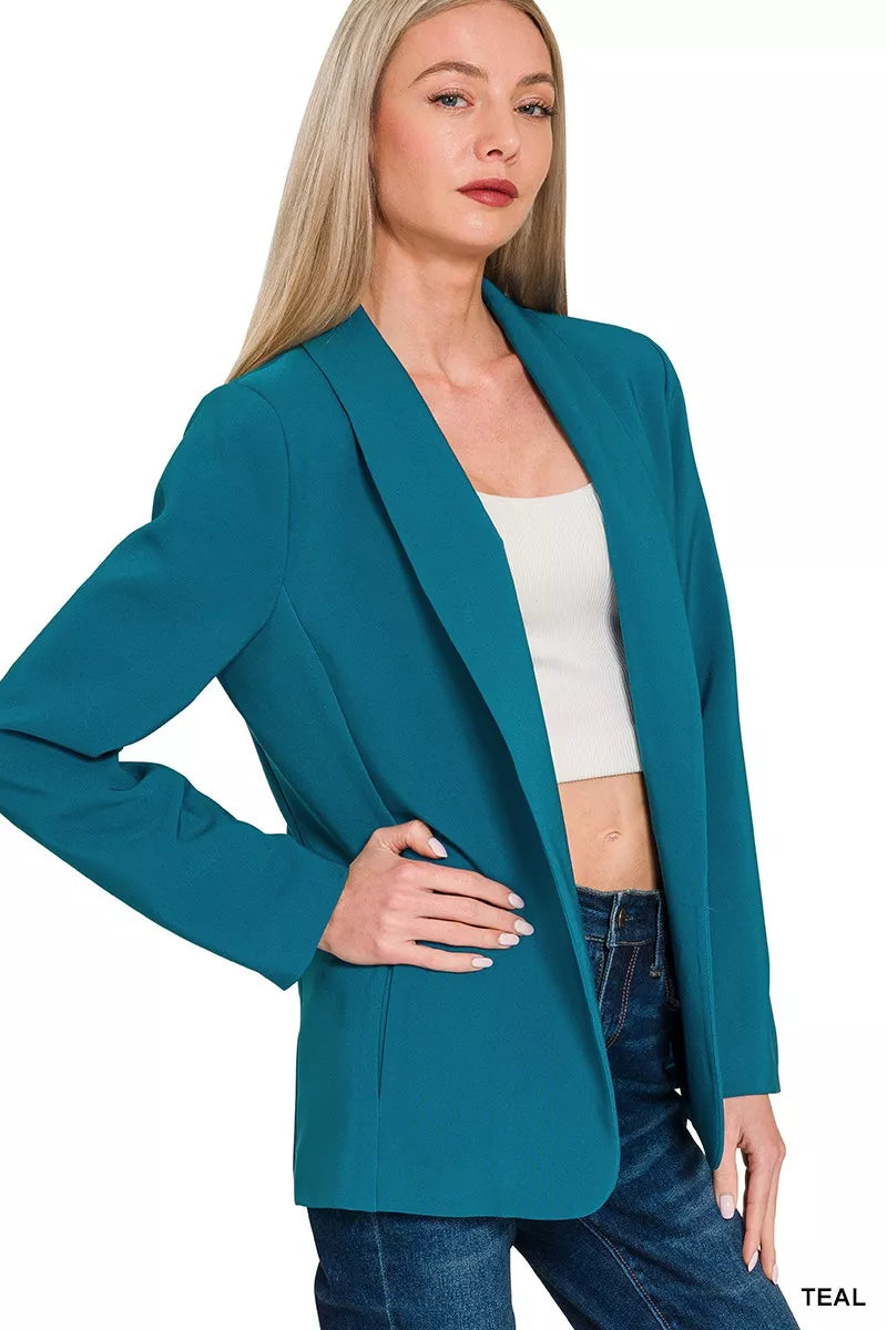 Zenana woven long sleeve blazer with lining front view