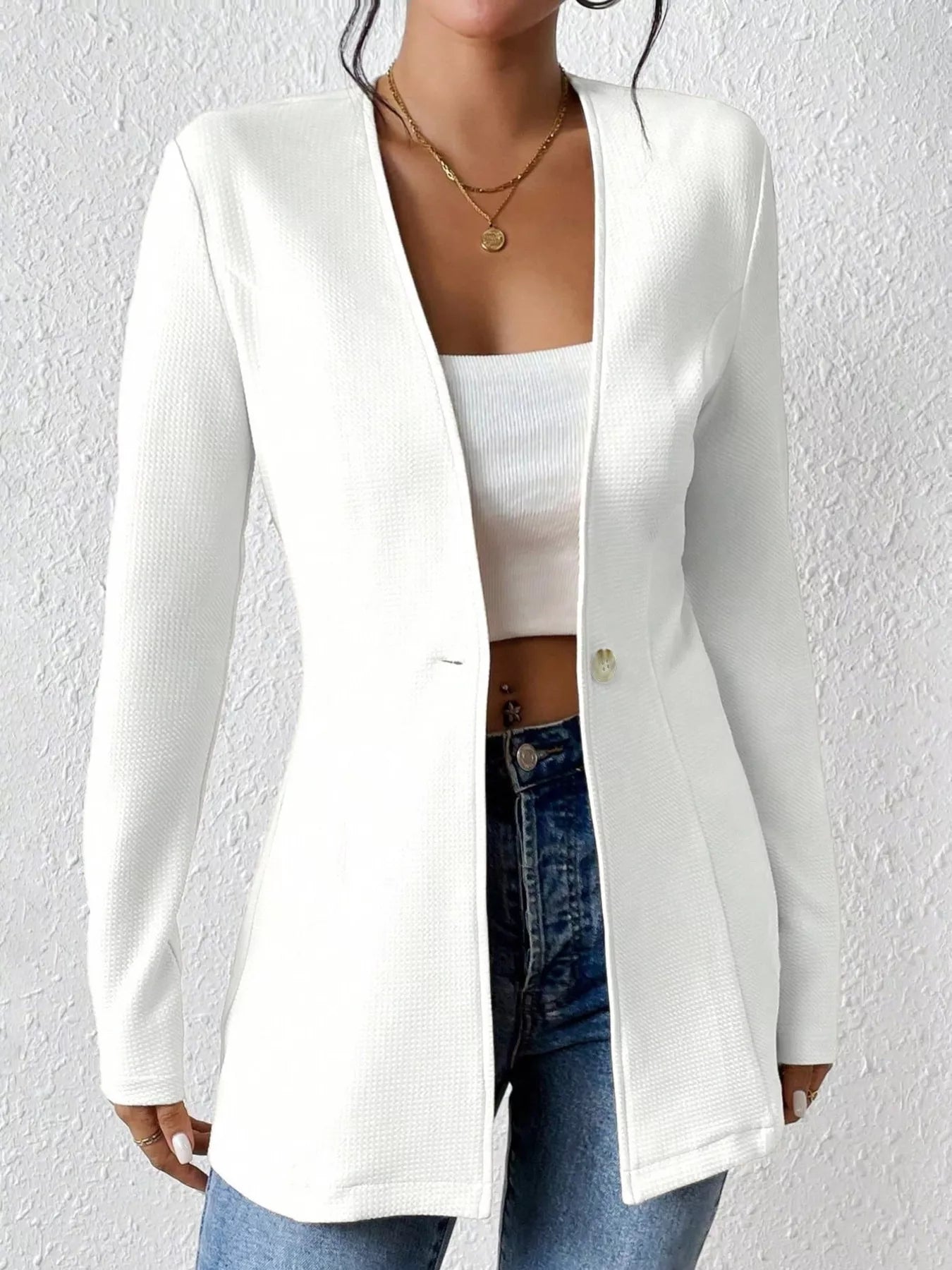 One Button Long Sleeve Blazer Front View