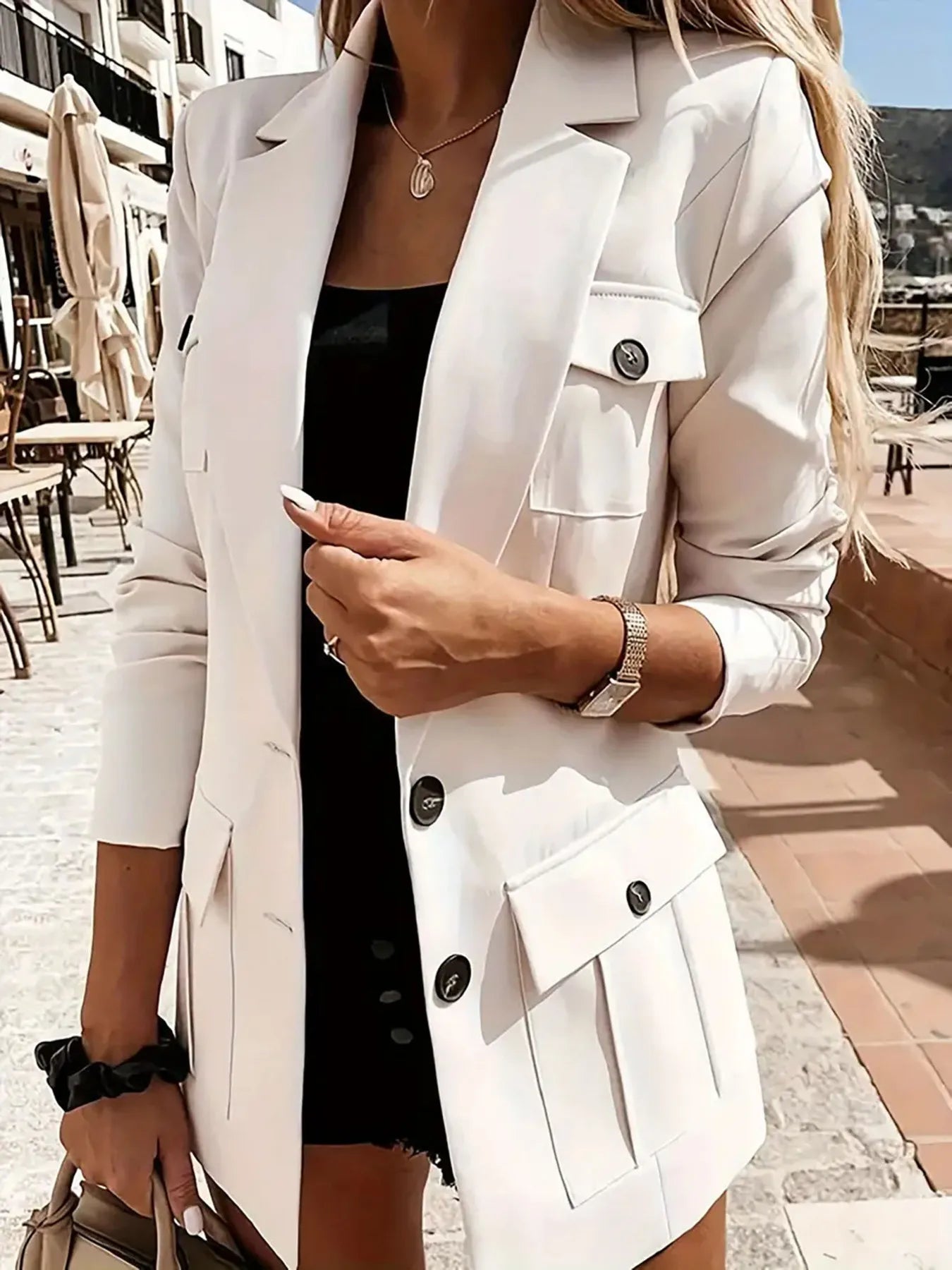 Front view of Lapel Collar Long Sleeve Blazer