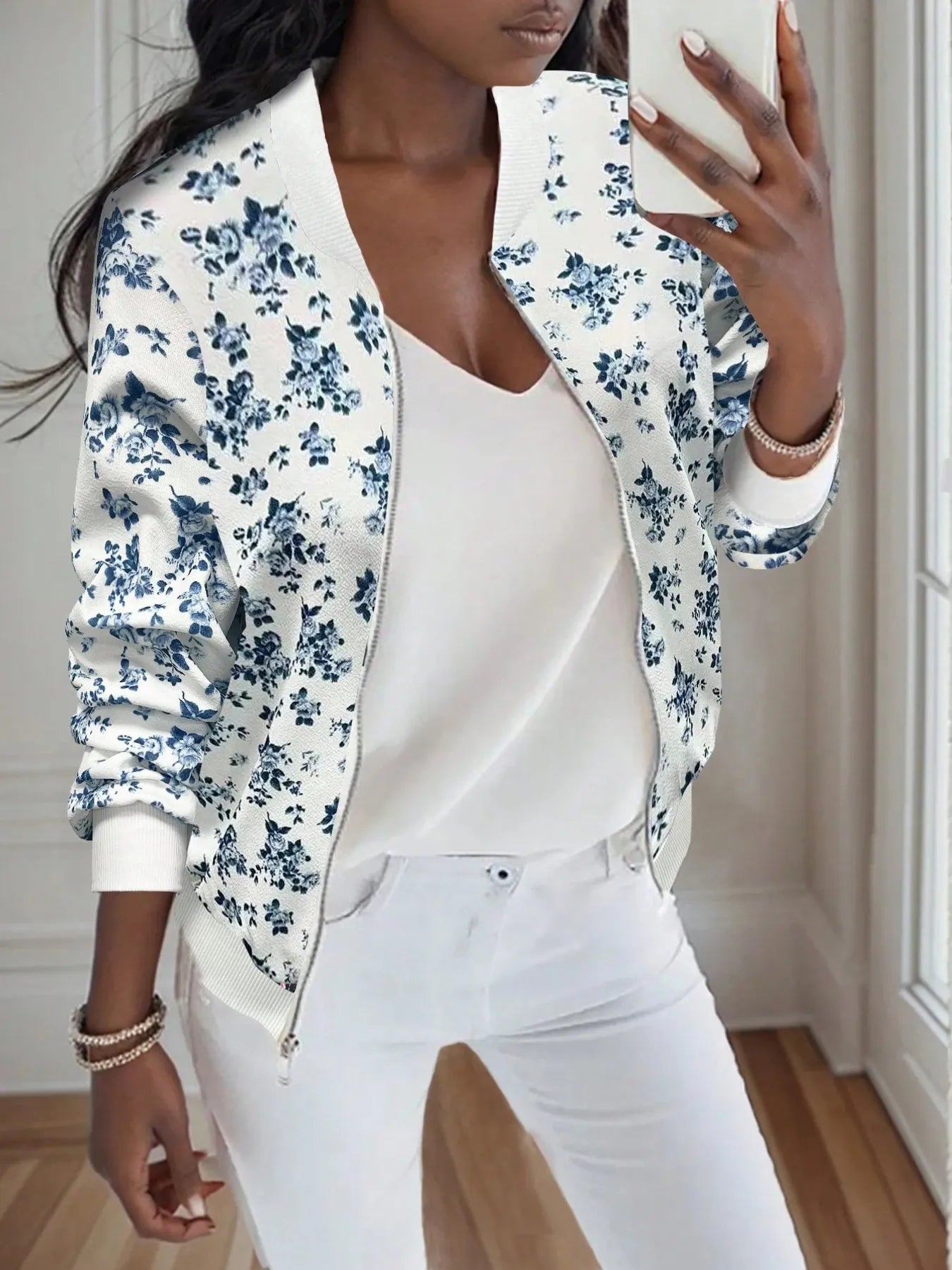 Printed Zip Up Long Sleeve Jacket Front View