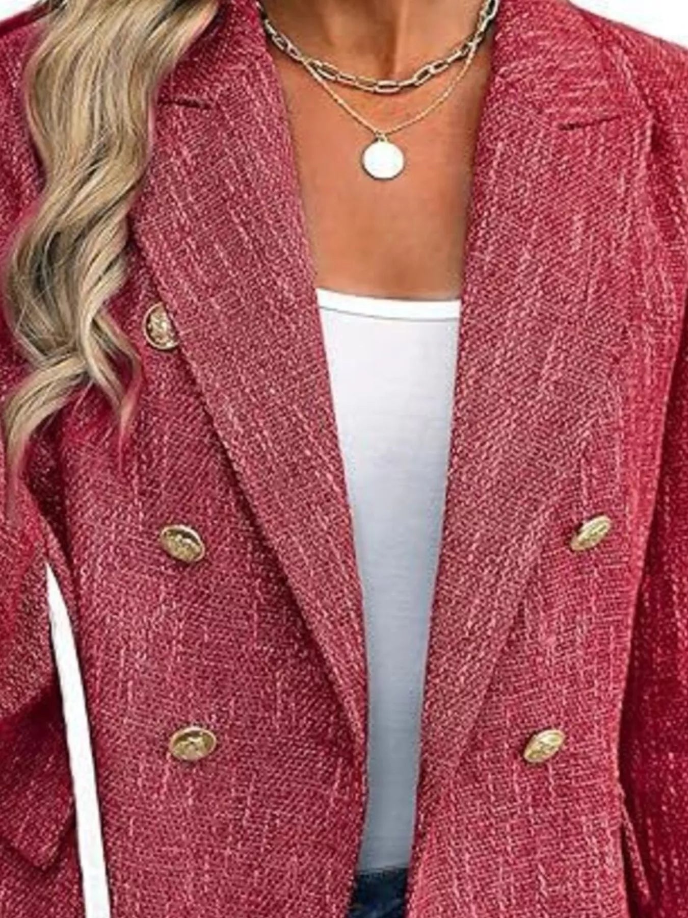 Front view of double-breasted lapel collar blazer