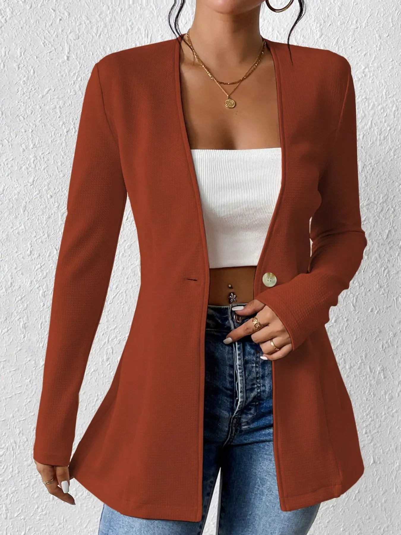One Button Long Sleeve Blazer Front View