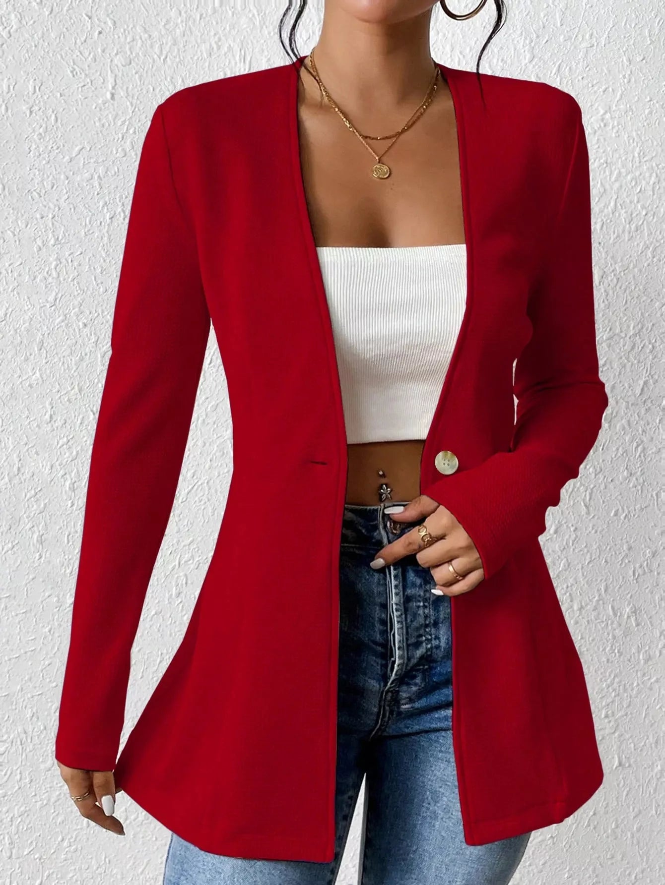 One Button Long Sleeve Blazer Front View