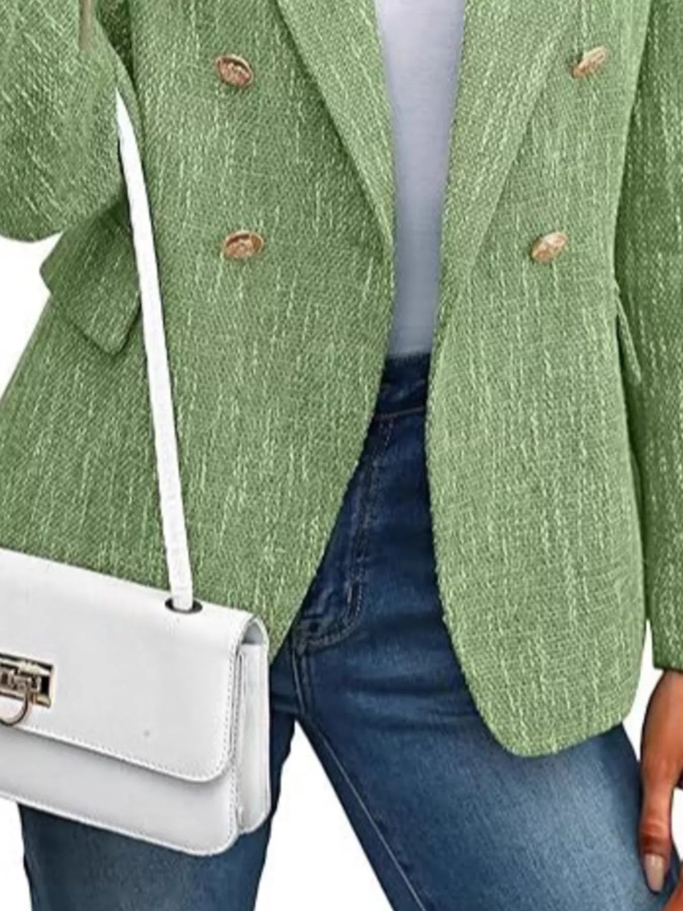 Front view of double-breasted lapel collar blazer