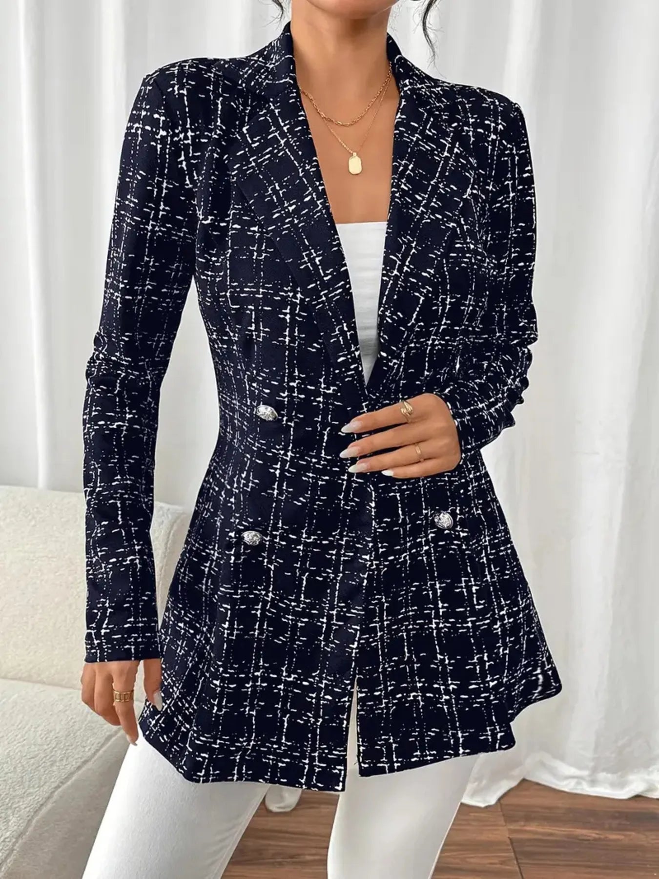 Model wearing Tweed Double-Breasted Blazer