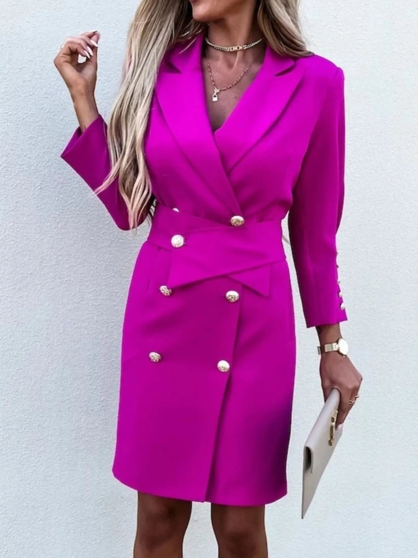 Double-Breasted Lapel Collar Longline Blazer worn by a model, showcasing elegant design and modern tailoring.