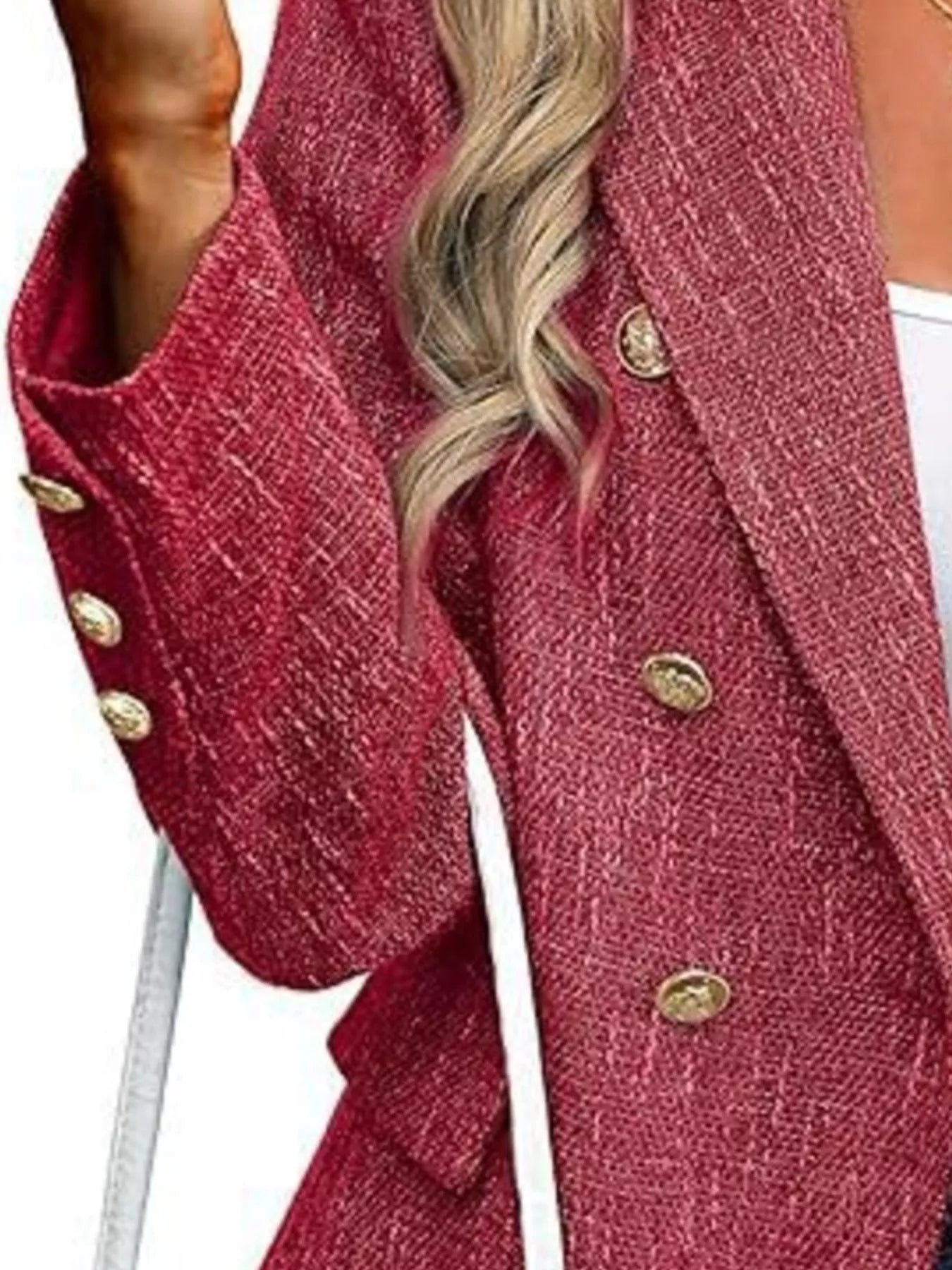 Front view of double-breasted lapel collar blazer