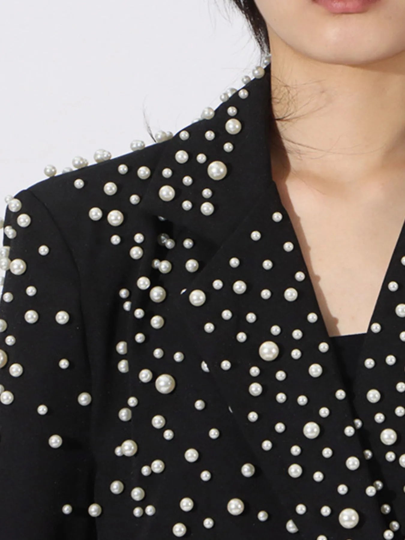 Front view of Pearl Embellished Double-Breasted Blazer