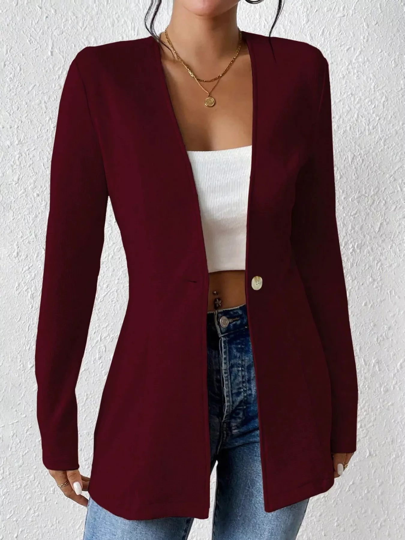 One Button Long Sleeve Blazer Front View