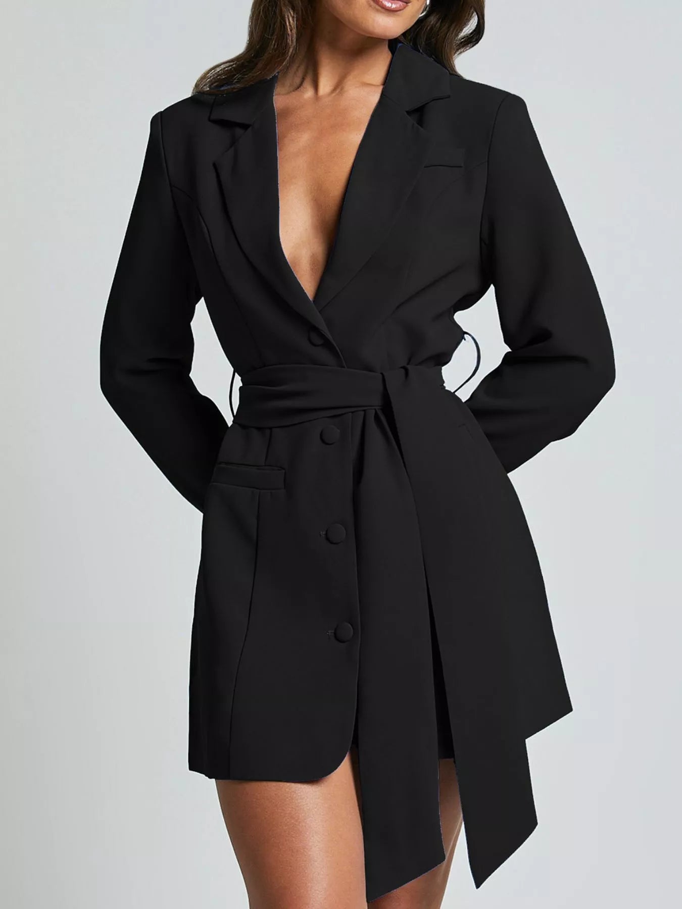 Lapel Collar Tie Waist Blazer Front View
