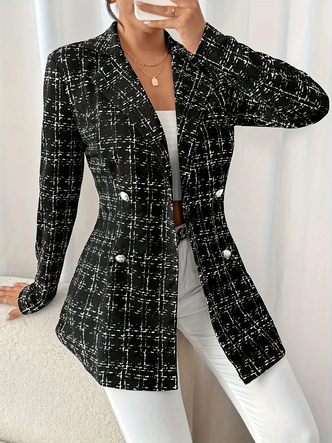 Model wearing Tweed Double-Breasted Blazer