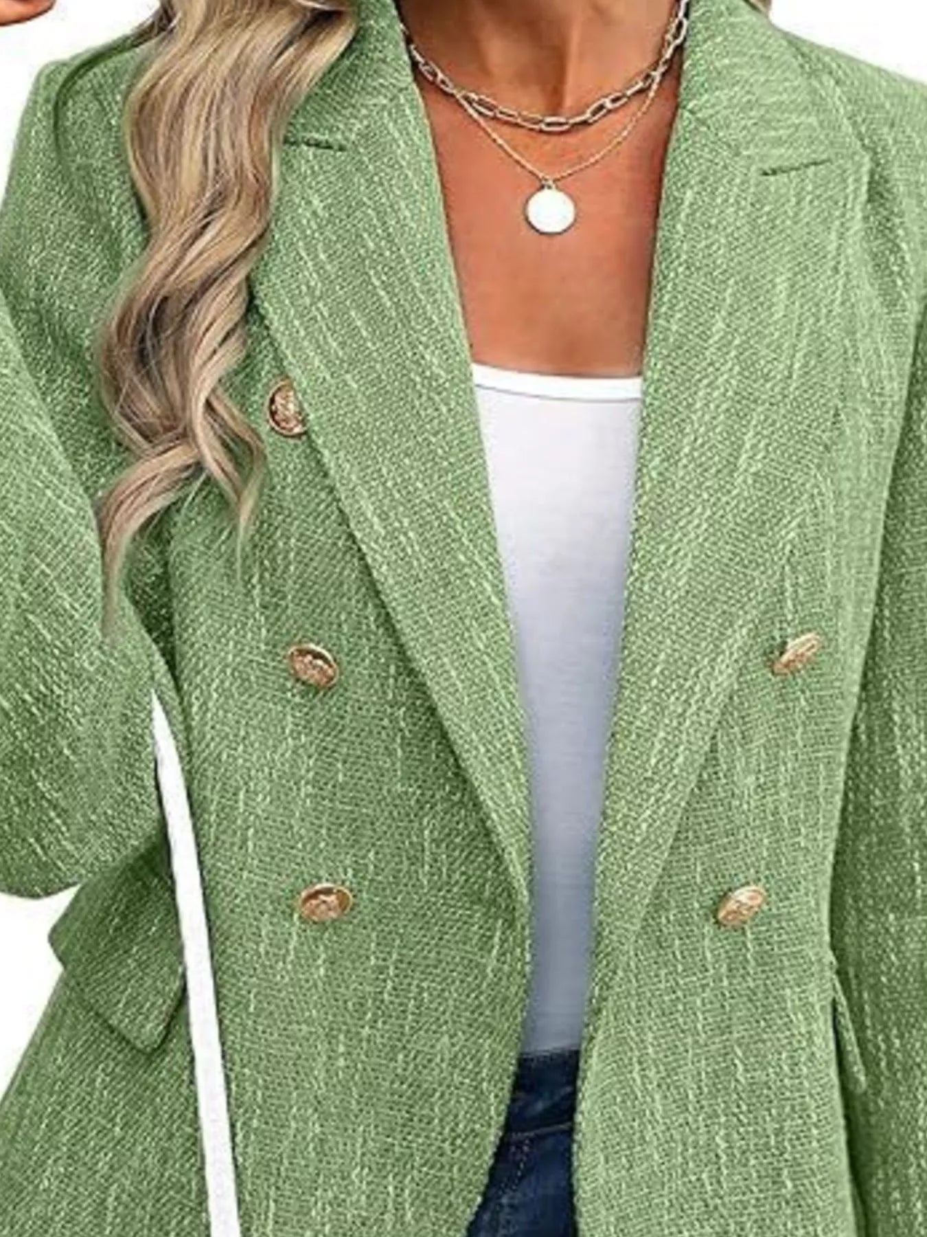 Front view of double-breasted lapel collar blazer