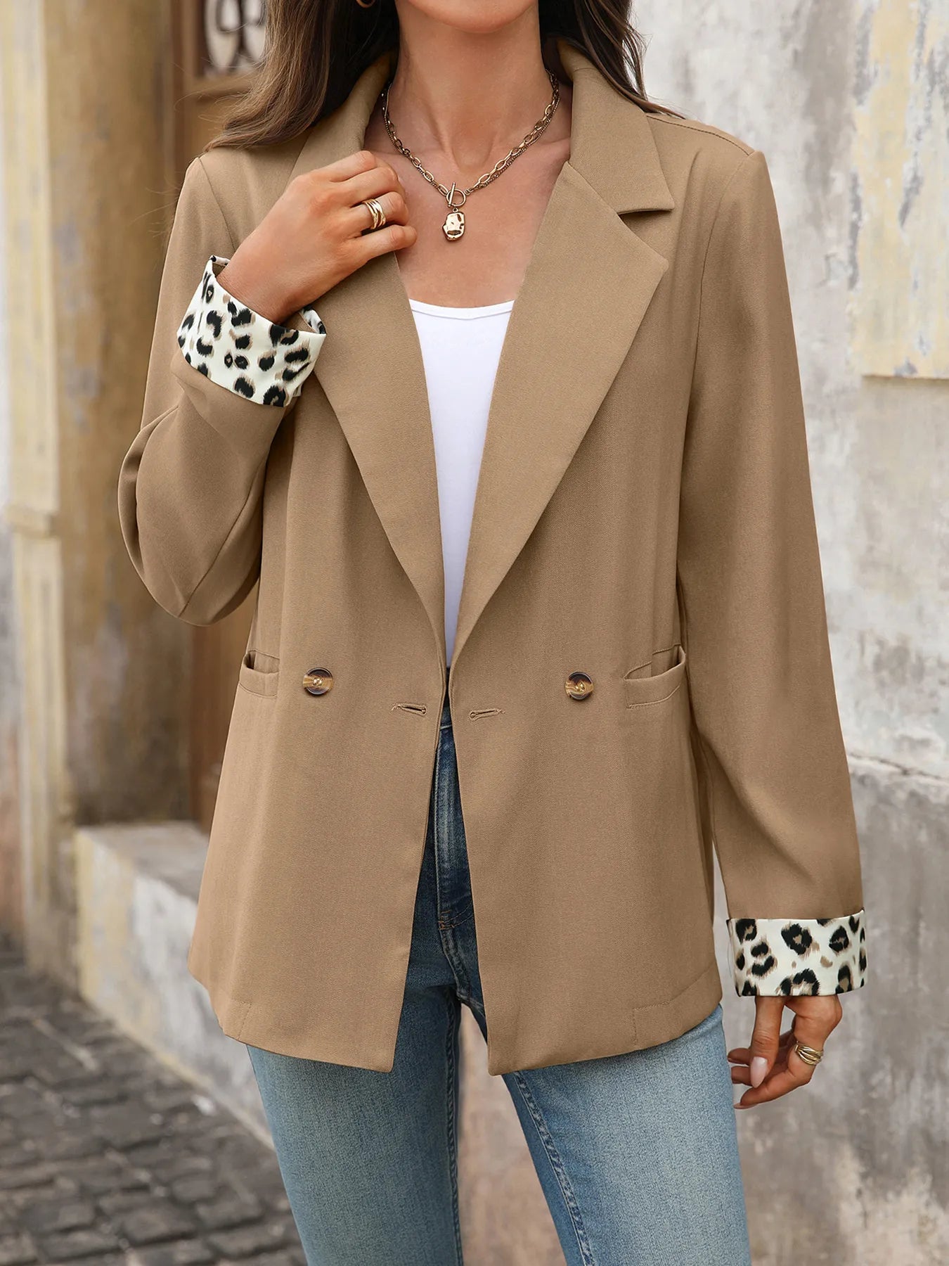 Front view of Lapel Collar Leopard Cuff Long Sleeve Blazer