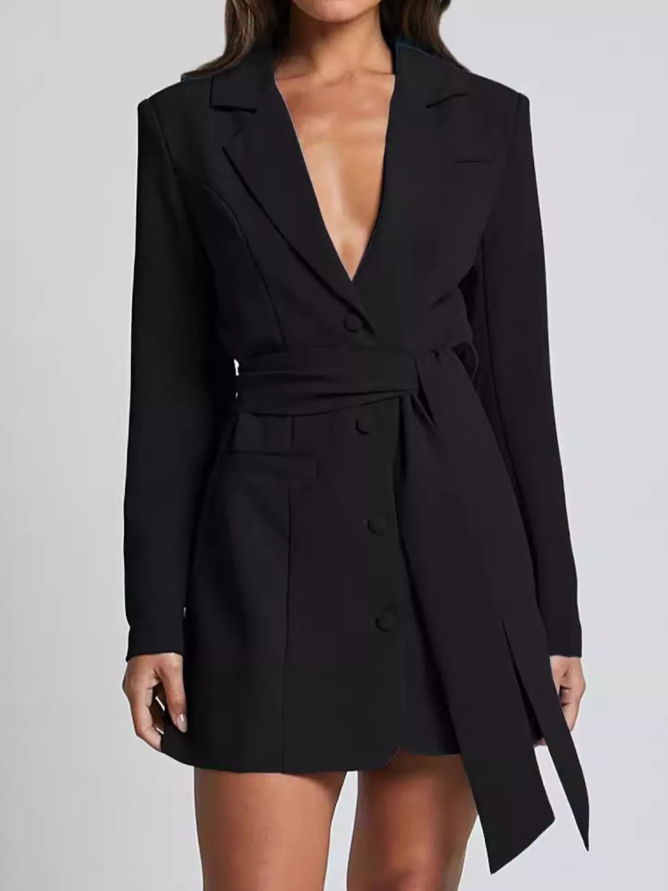 Lapel Collar Tie Waist Blazer Front View