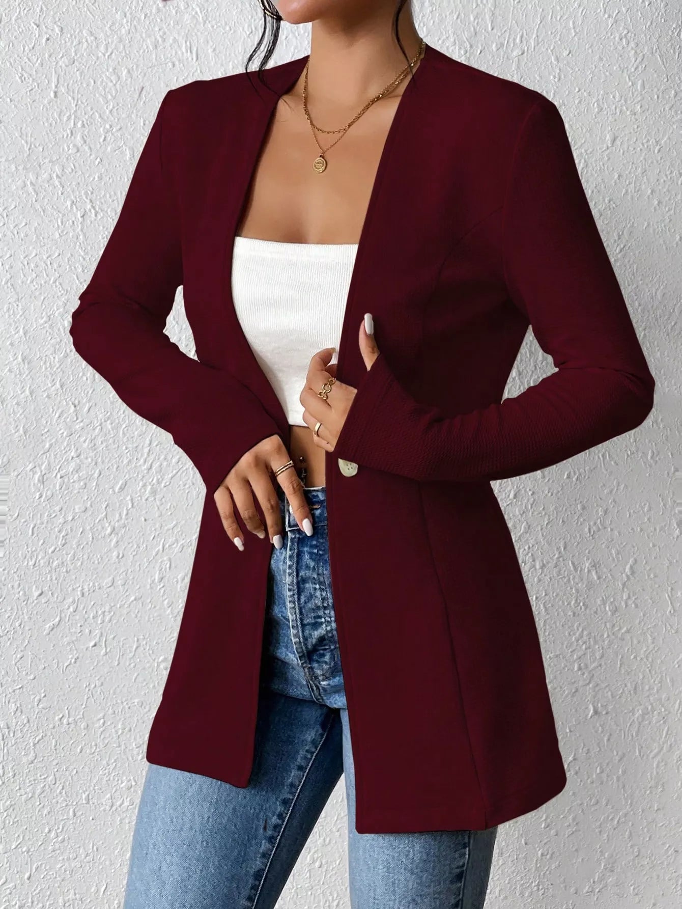 One Button Long Sleeve Blazer Front View
