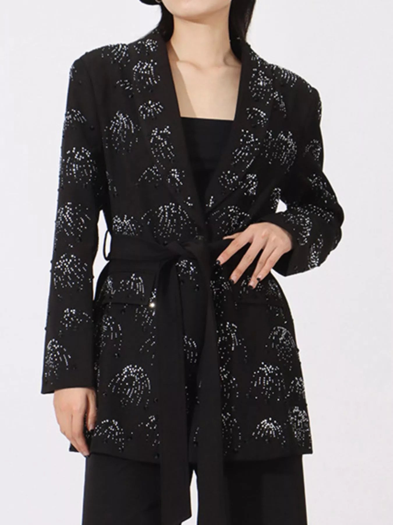 Front view of rhinestone button down long sleeve blazer
