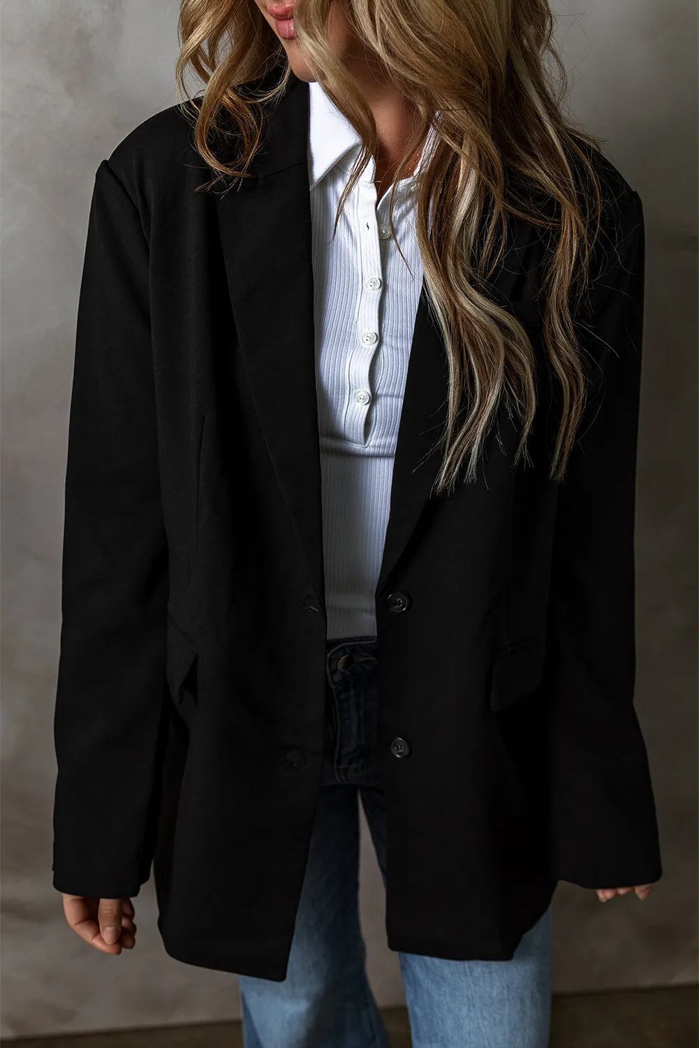 Front view of Button Up Long Sleeve Blazer