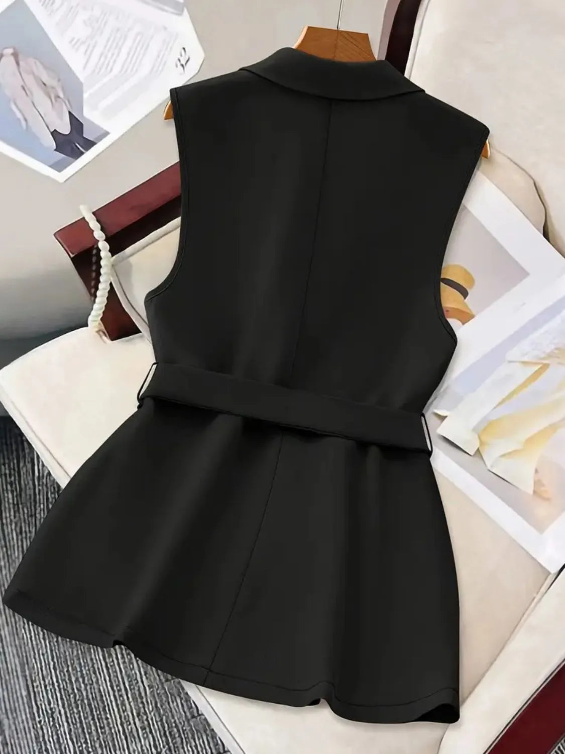 Back view of Tie Waist Lapel Collar Sleeveless Blazer