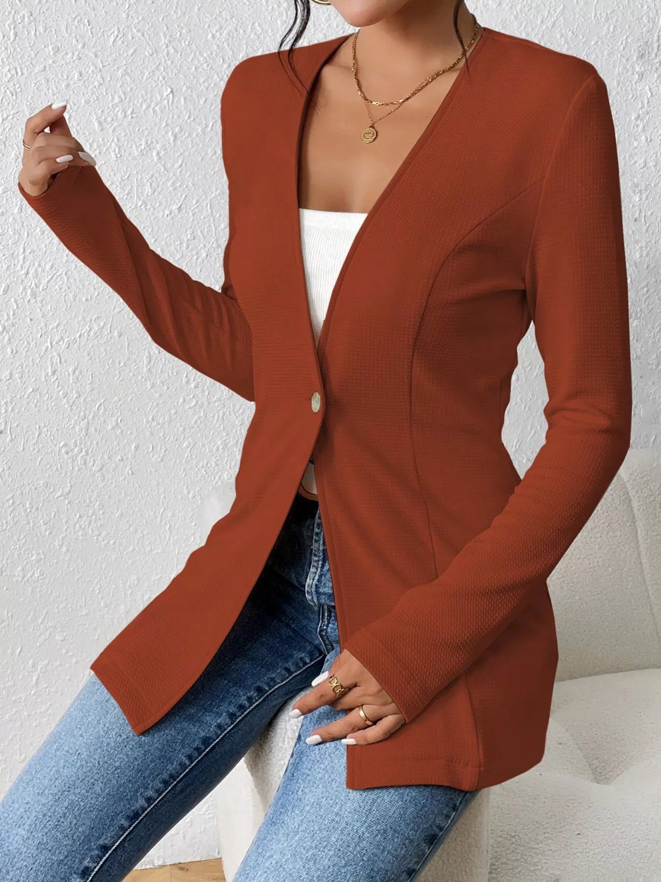 One Button Long Sleeve Blazer Front View
