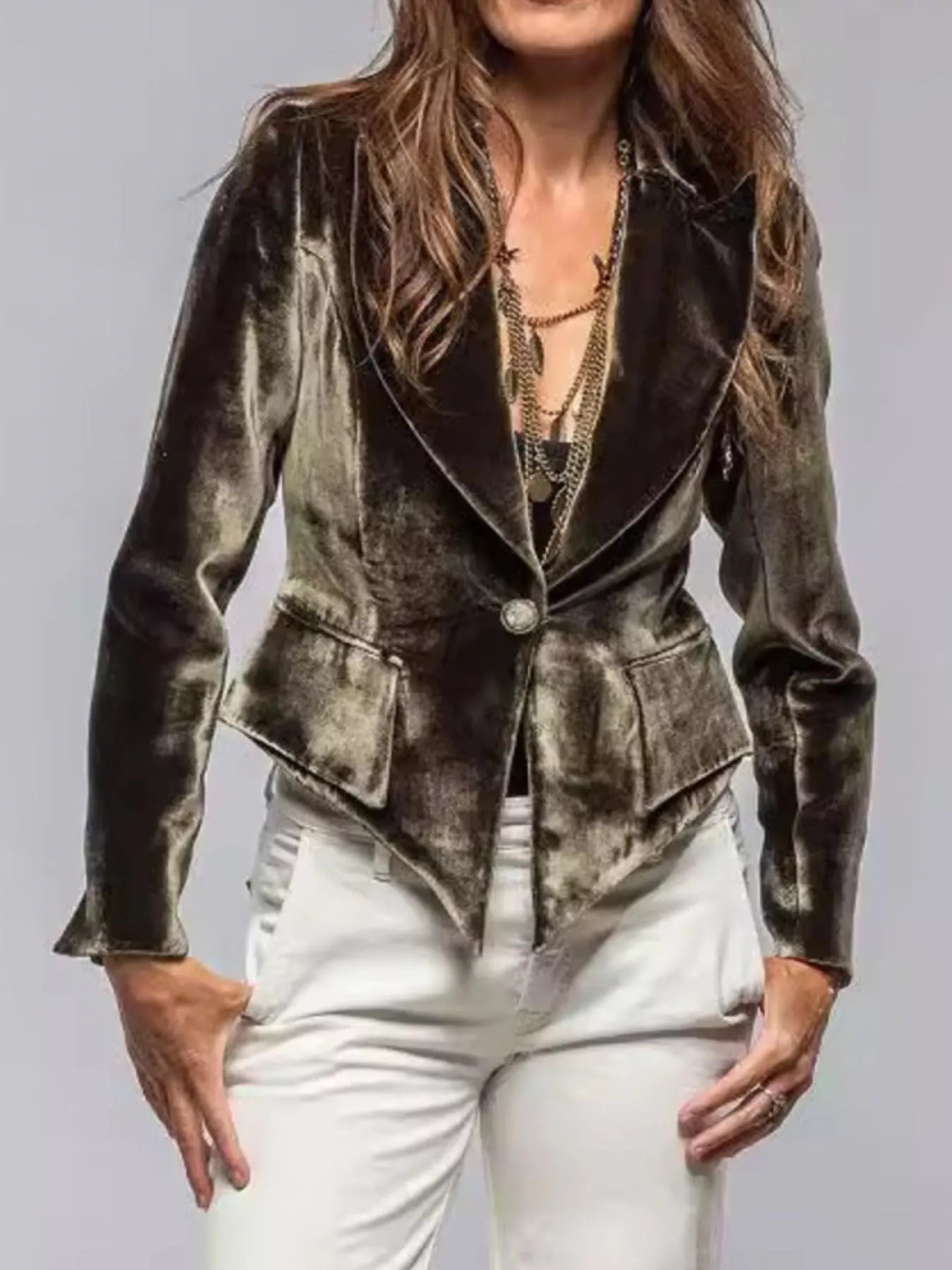 Velvet Lapel Collar One Button Blazer Front View