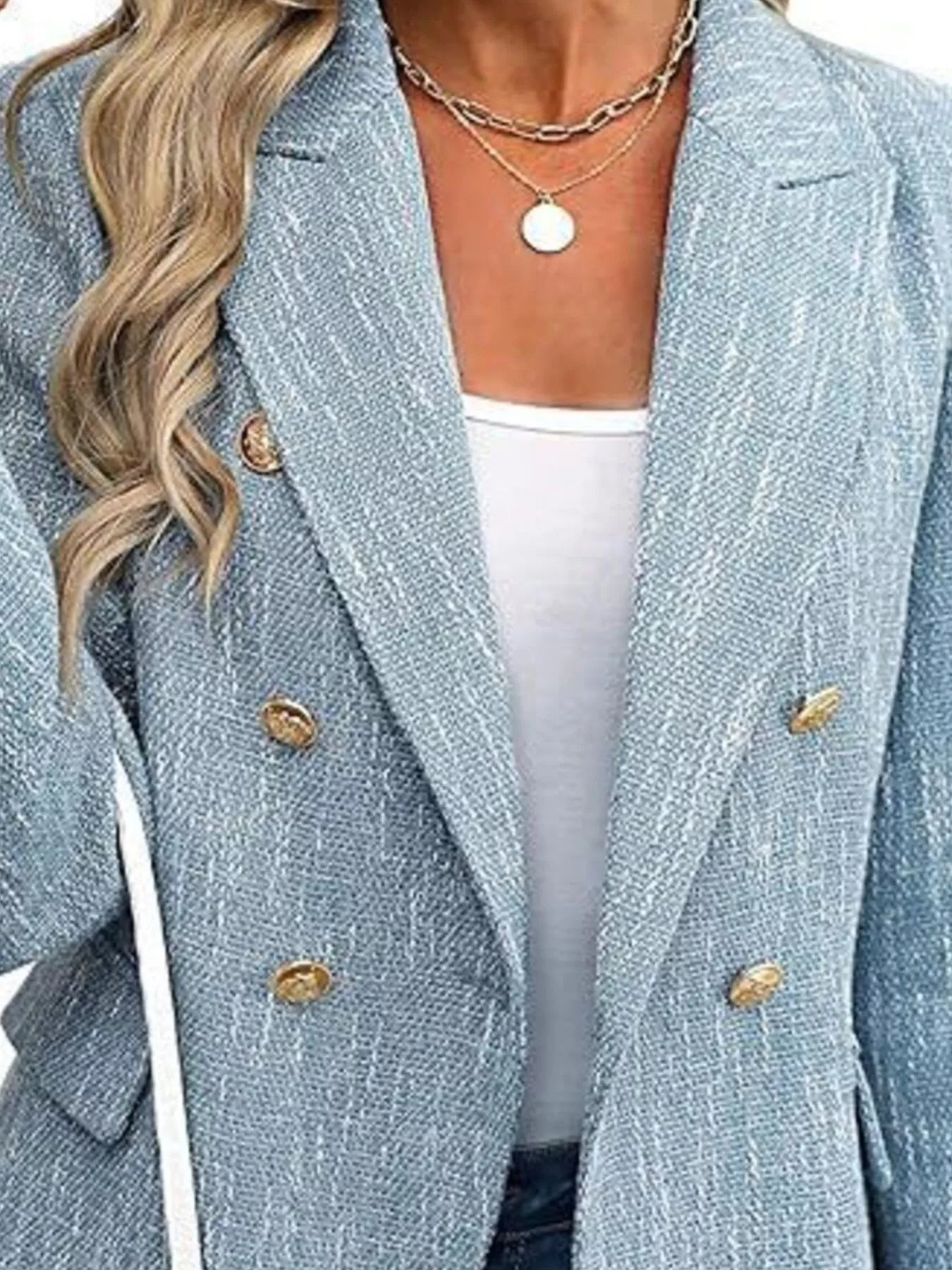 Front view of double-breasted lapel collar blazer