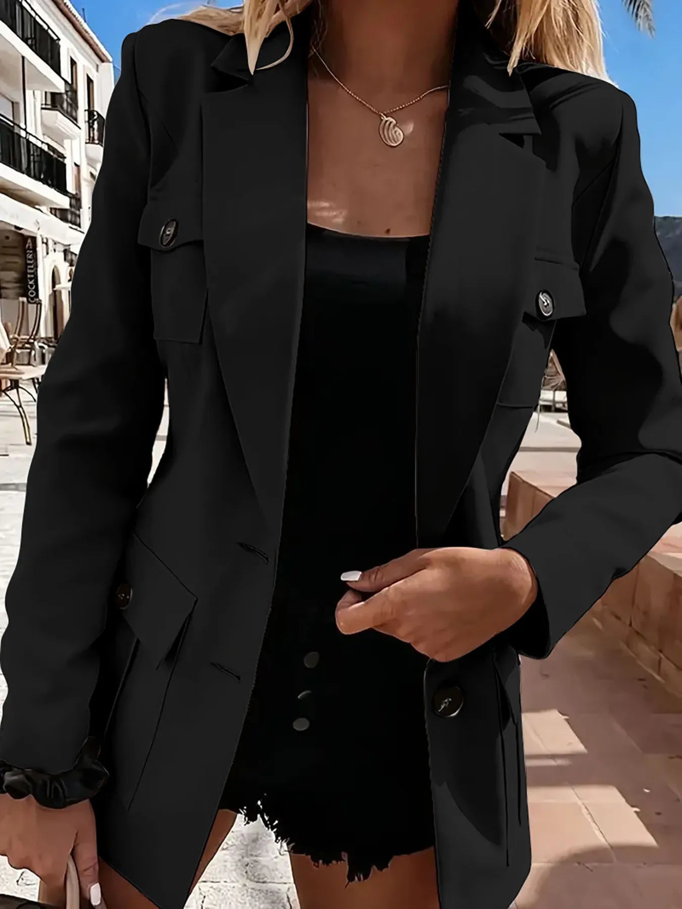 Front view of Lapel Collar Long Sleeve Blazer