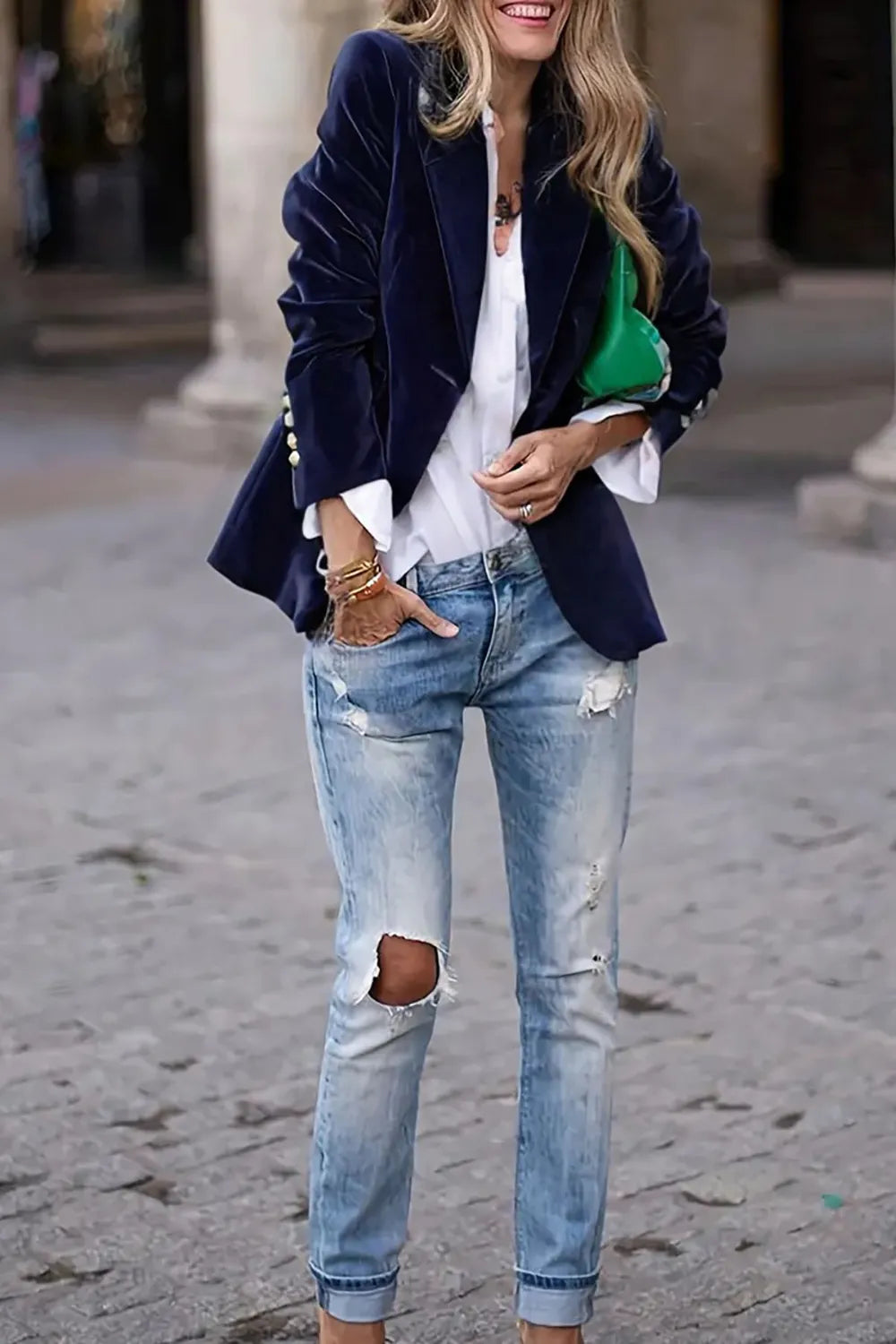 Model wearing One Button Lapel Collar Long Sleeve Blazer