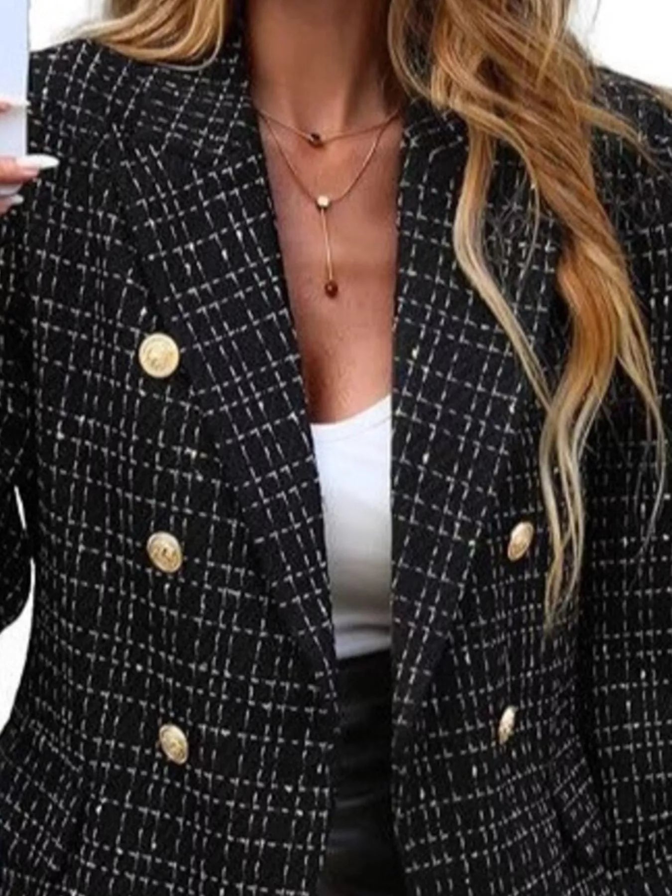 Front view of double-breasted lapel collar blazer