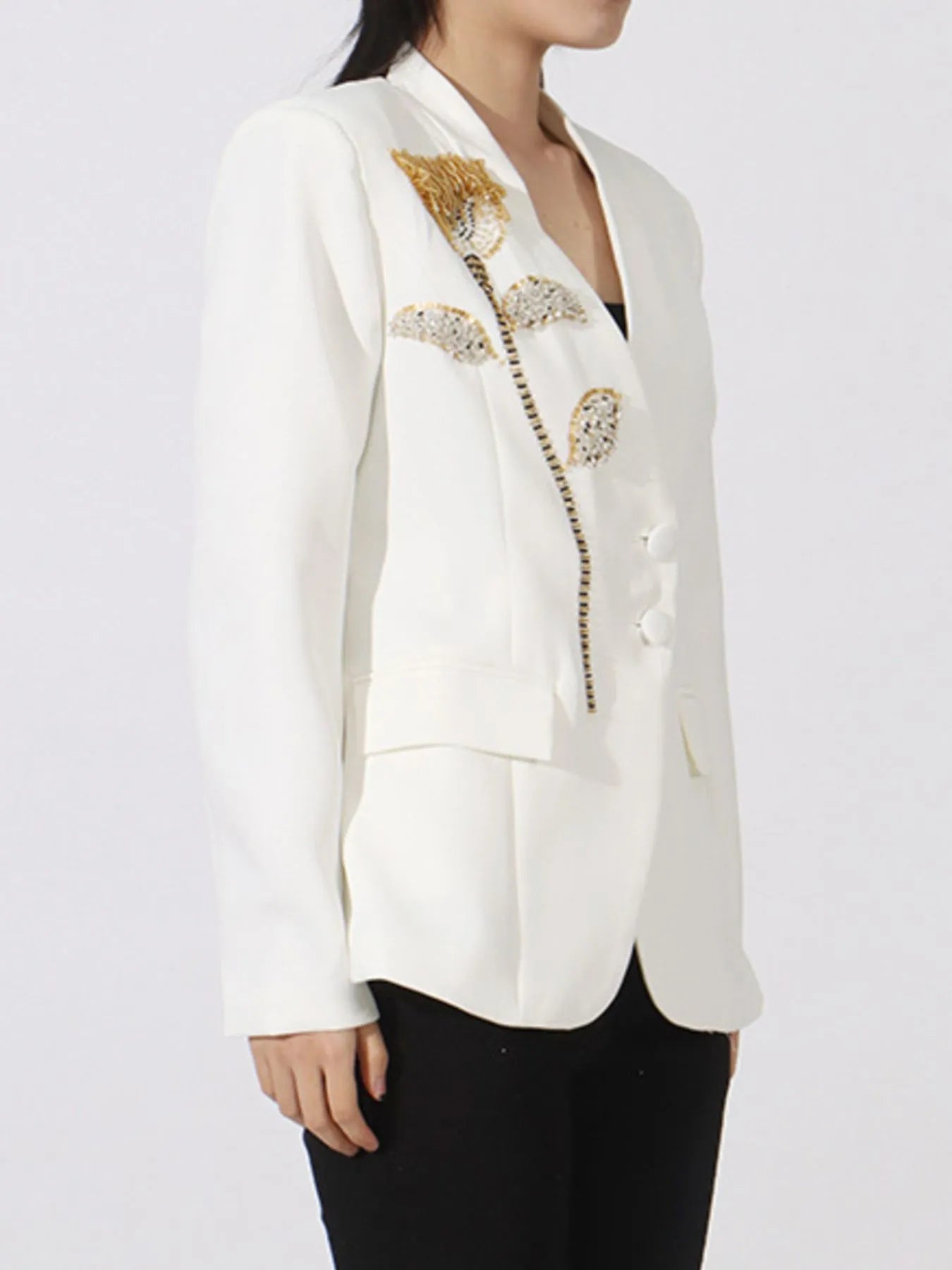 Model wearing Flower Button Front Long Sleeve Blazer