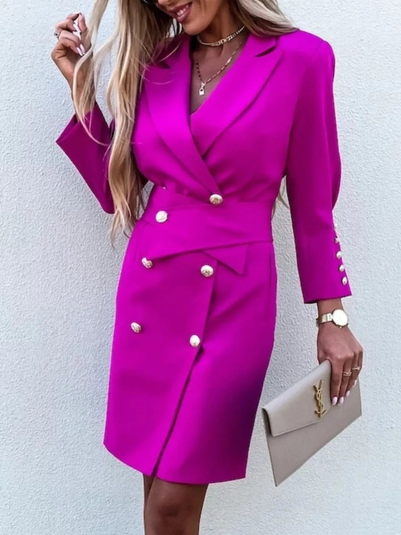 Double-Breasted Lapel Collar Longline Blazer worn by a model, showcasing elegant design and modern tailoring.