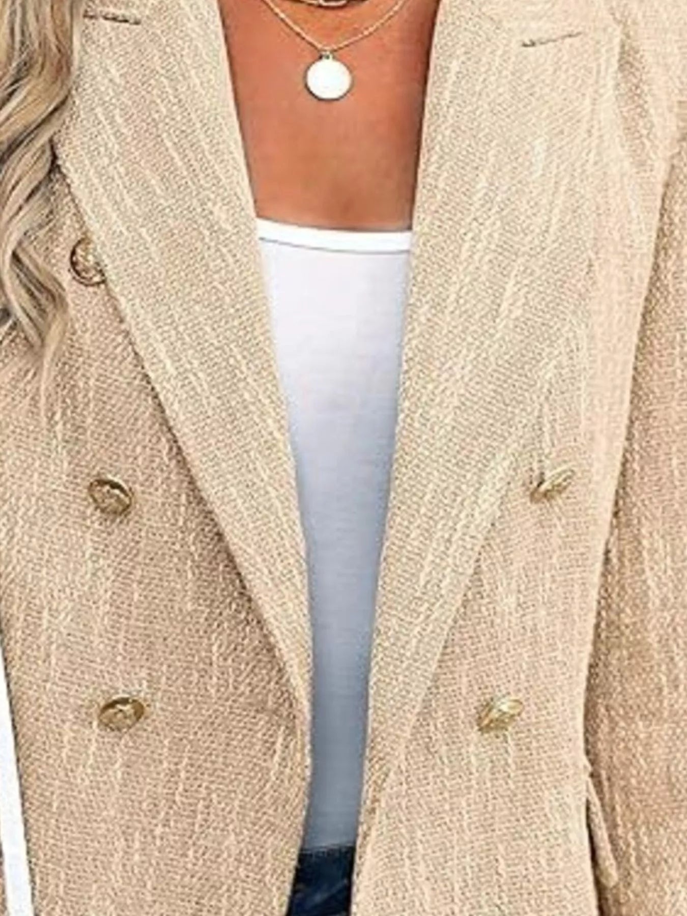 Front view of double-breasted lapel collar blazer