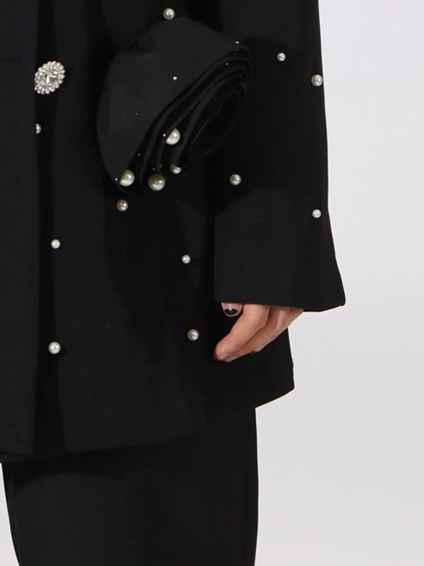 Styled look with Pearl Embellished Double-Breasted Blazer and skirt