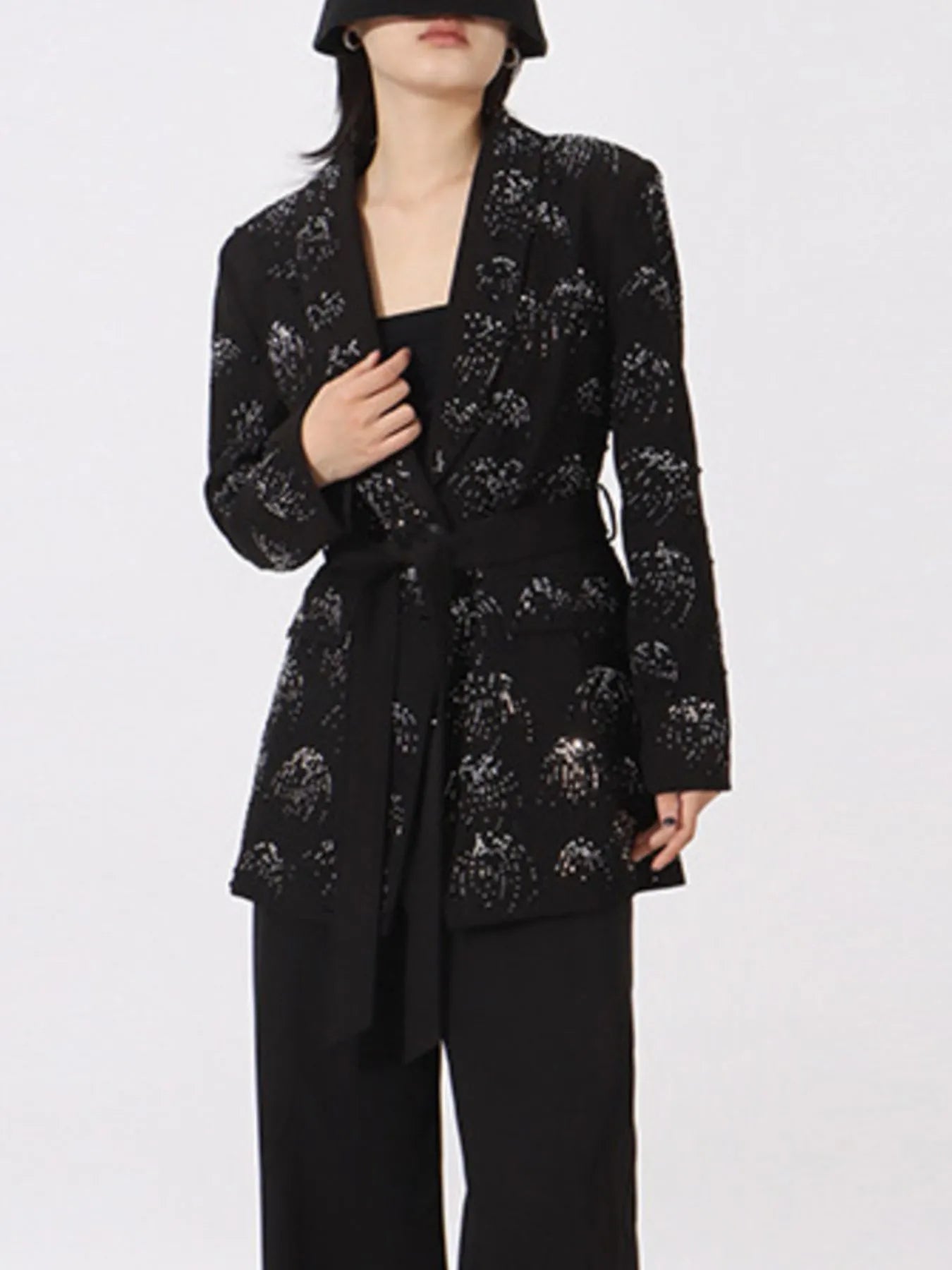 Front view of rhinestone button down long sleeve blazer